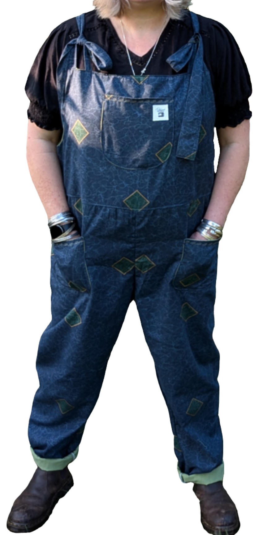 dungarees size 20, Navy and green 80s abstract pattern dungarees, plus size dungarees - RelovedDesignsbyDawn