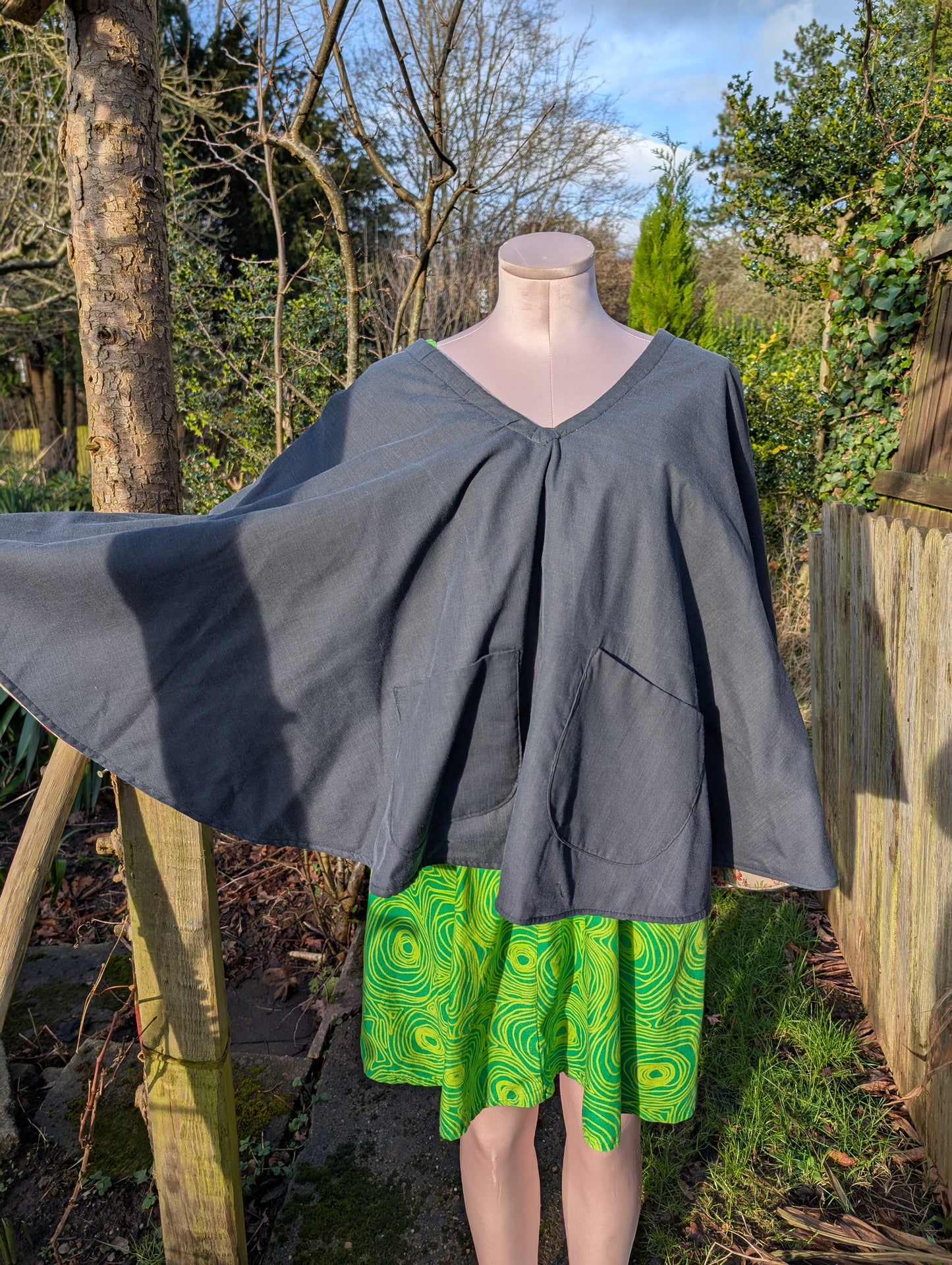 cape, poncho, black cape ladies, reversible poncho, floral cape, short cloak, shawl, warm wrap for shoulders, country barn rustic outfit - RelovedDesignsbyDawn