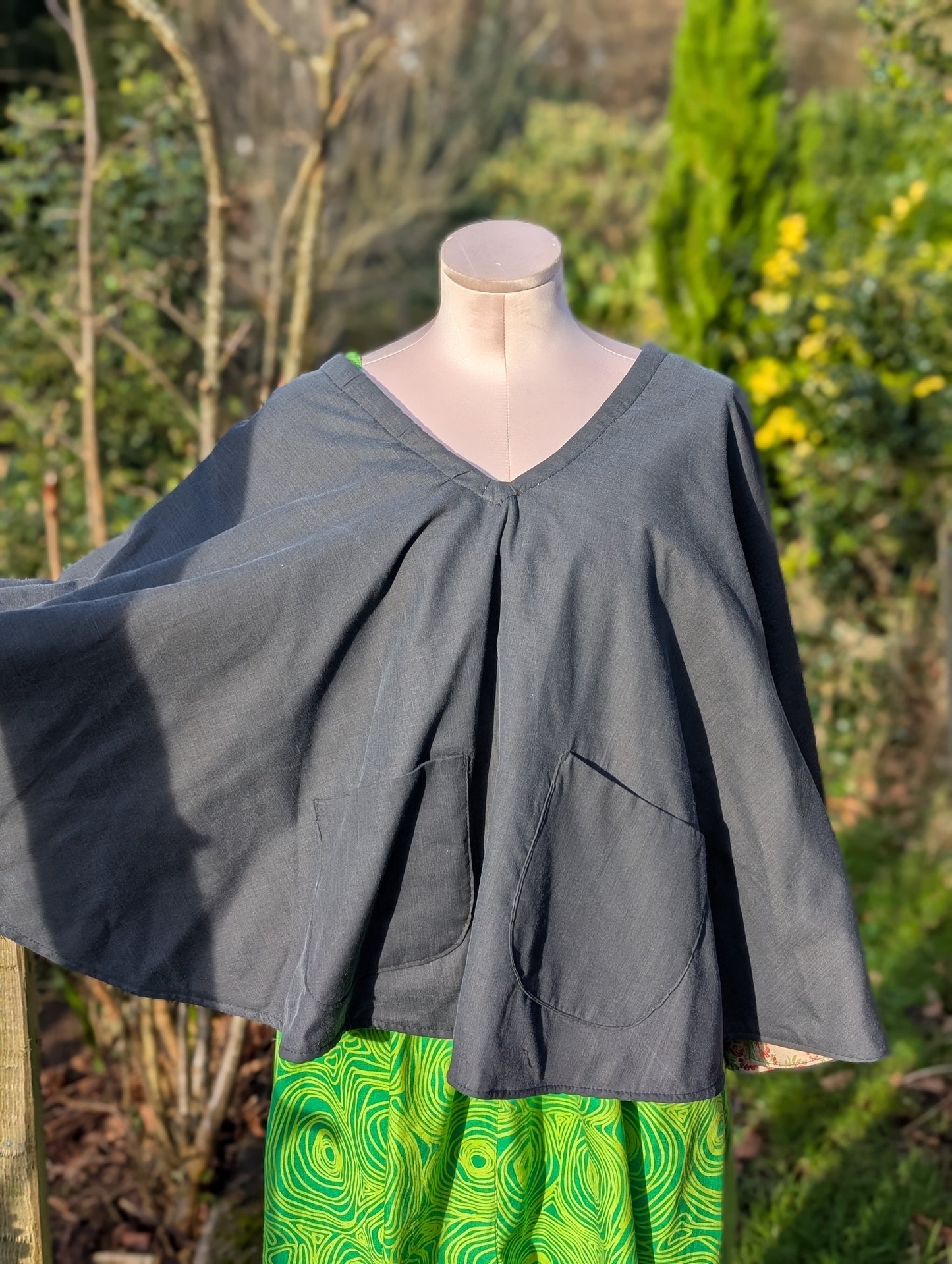 cape, poncho, black cape ladies, reversible poncho, floral cape, short cloak, shawl, warm wrap for shoulders, country barn rustic outfit - RelovedDesignsbyDawn