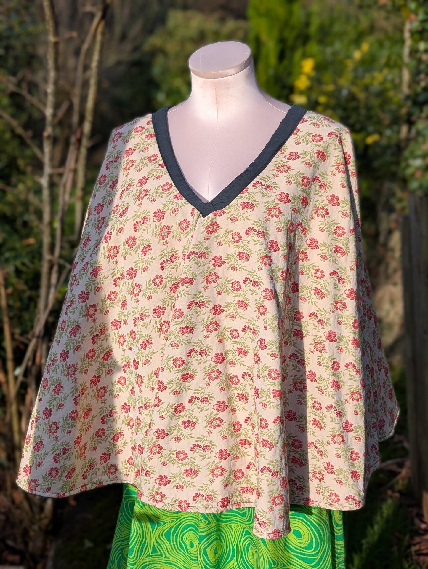 cape, poncho, black cape ladies, reversible poncho, floral cape, short cloak, shawl, warm wrap for shoulders, country barn rustic outfit - RelovedDesignsbyDawn