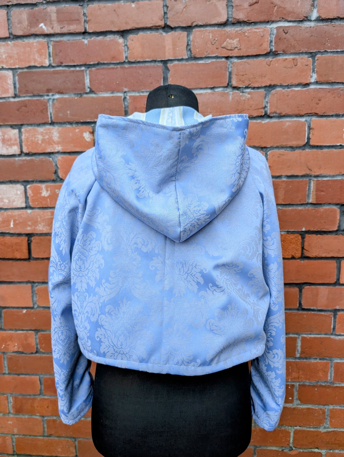 Jacket hooded-cropped jacket-size 14-hooded blue coat-fairy style jacket-jacquard fabric jacket-pixie jacket-pretty blue coat-reworked