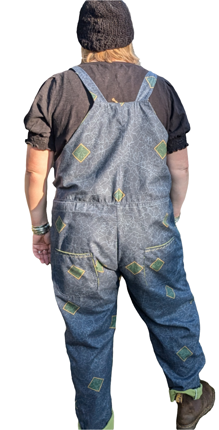 dungarees size 20, Navy and green 80s abstract pattern dungarees, plus size dungarees - RelovedDesignsbyDawn