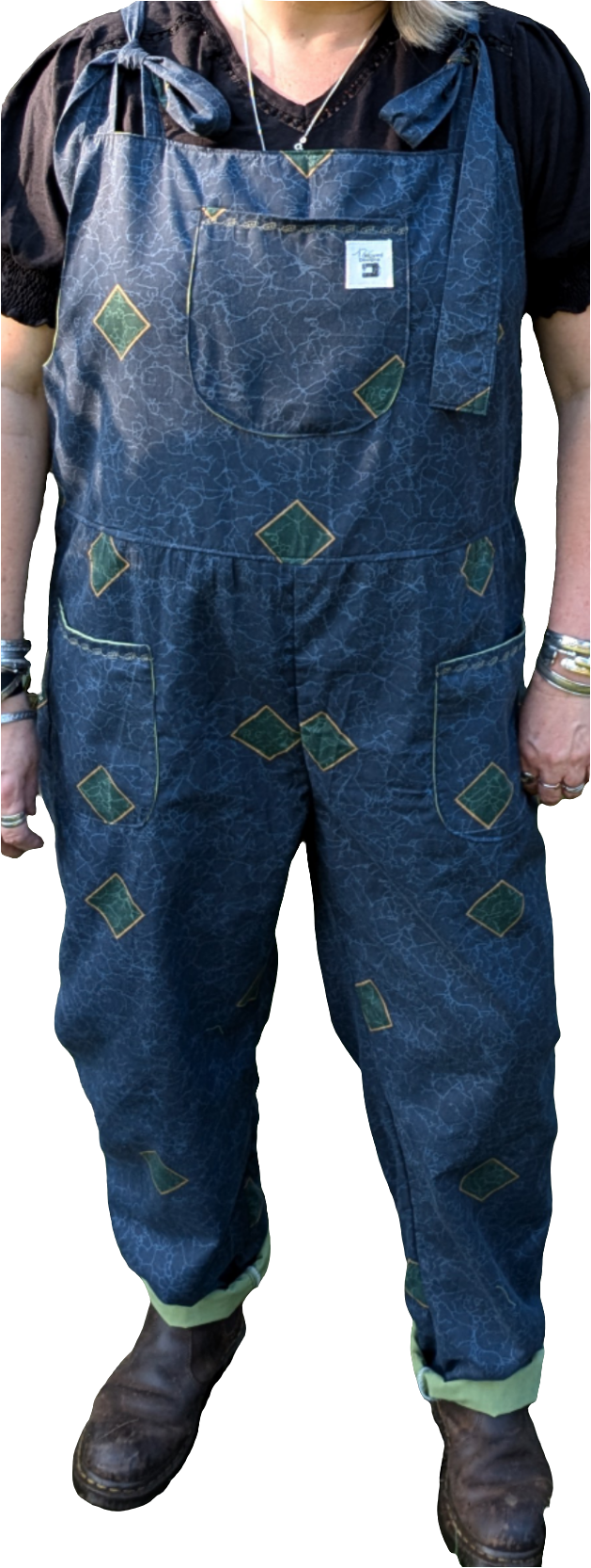 dungarees size 20, Navy and green 80s abstract pattern dungarees, plus size dungarees - RelovedDesignsbyDawn