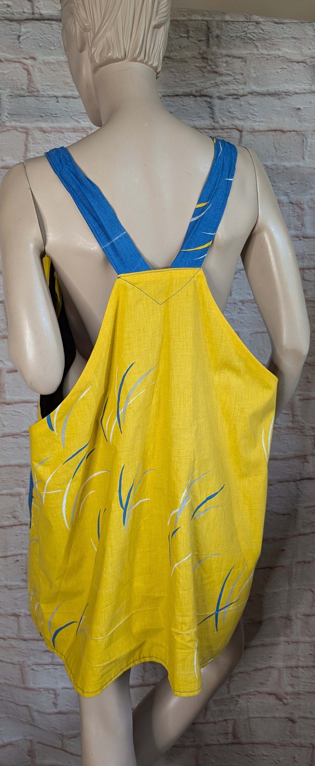 dress size 20, 80s patten dress, pinafore dress, dungarees dress, tie top dress, apron dress, pockets dress, yellow dress