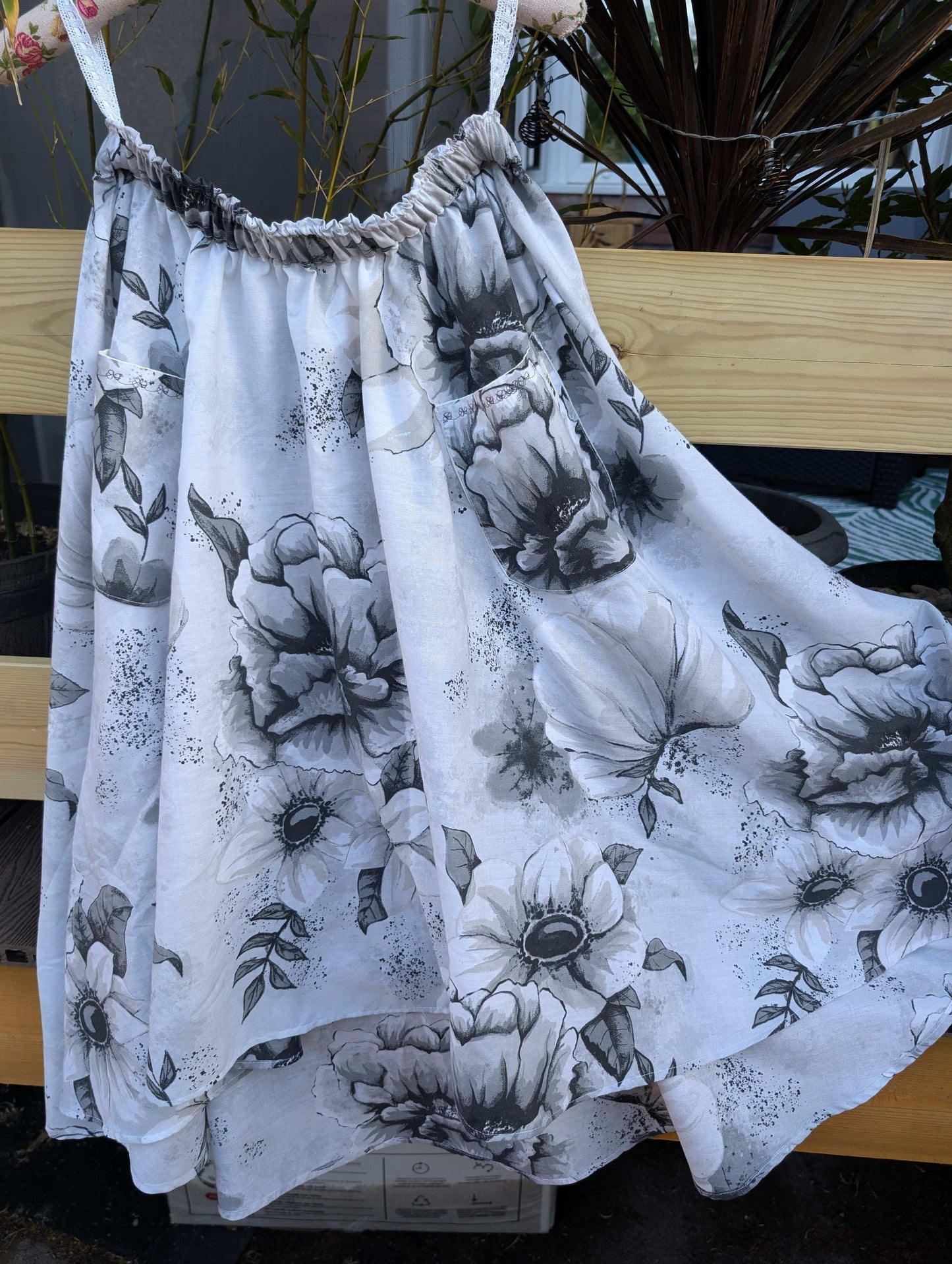 Skirt 14-waterfall hem skirt-circle skirt-black flower pattern-hippy skirt-full skirt with pockets-long skirt- flared, stretch waist