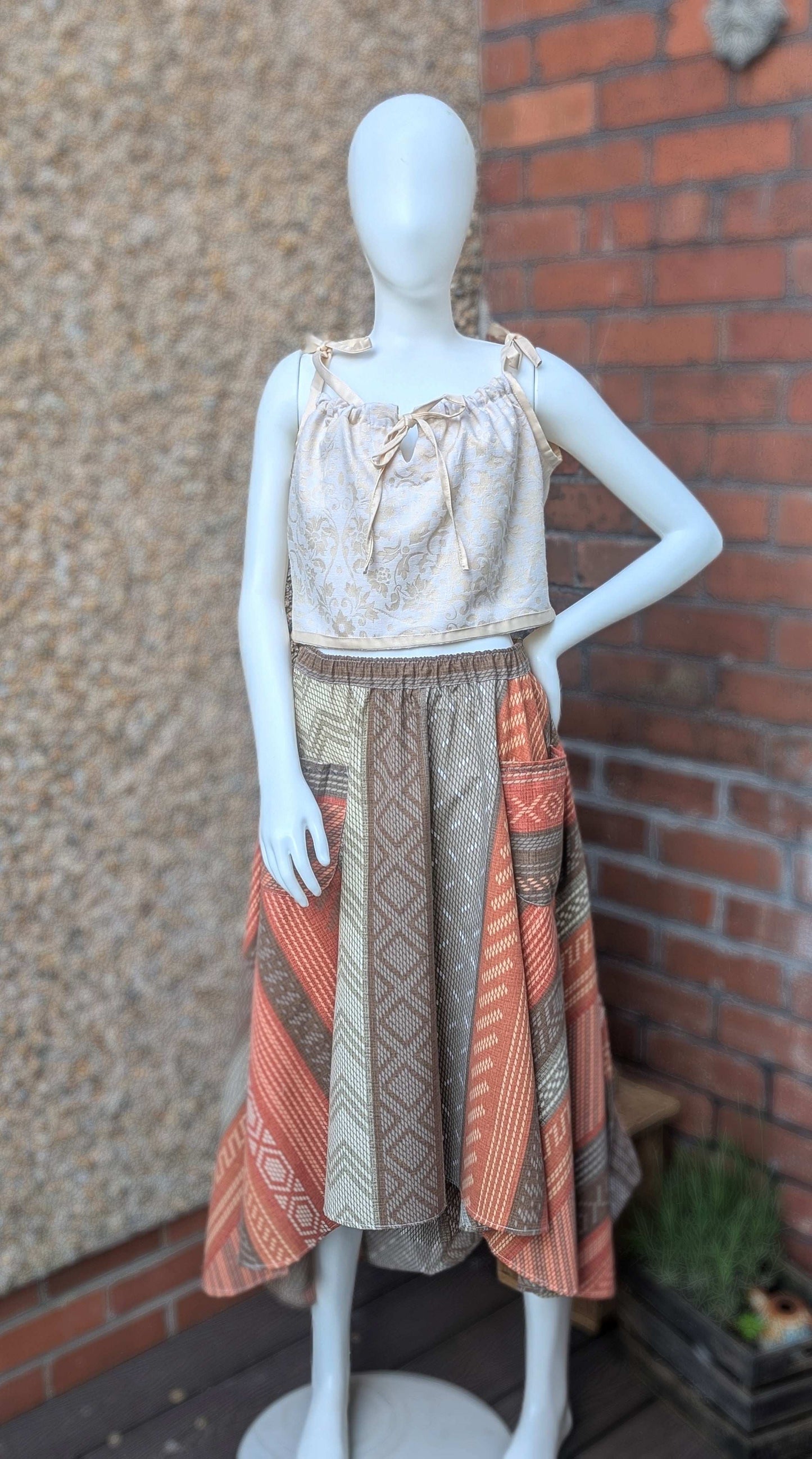 cropped top, strappy top, vest, blouse size 12, whimsical top, hippy top, cami top, reworked top, ribbon straps top, summer vest