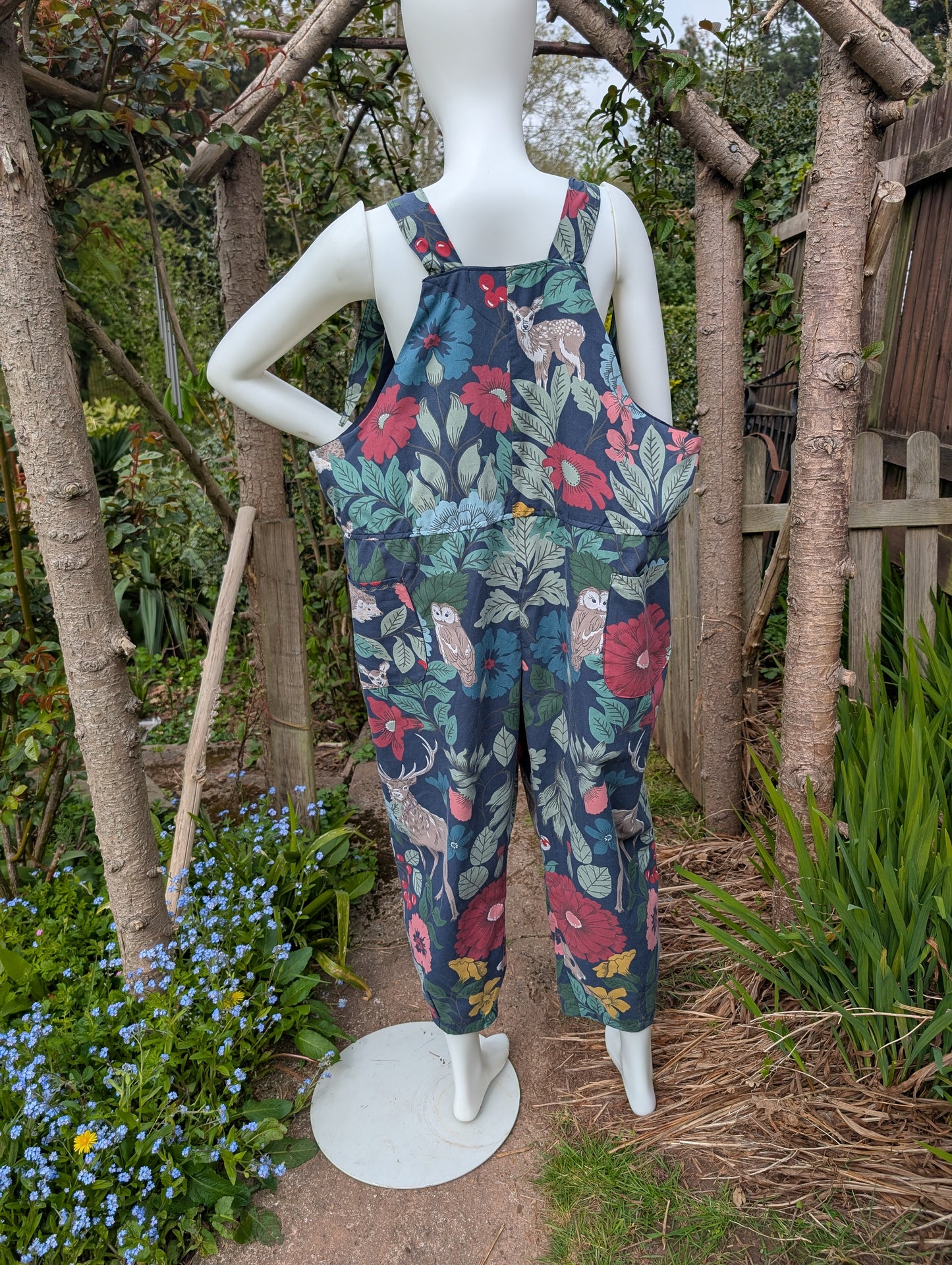 dungarees size 22-forest pattern dungarees-woodland animals-plus size dungarees-cropped leg