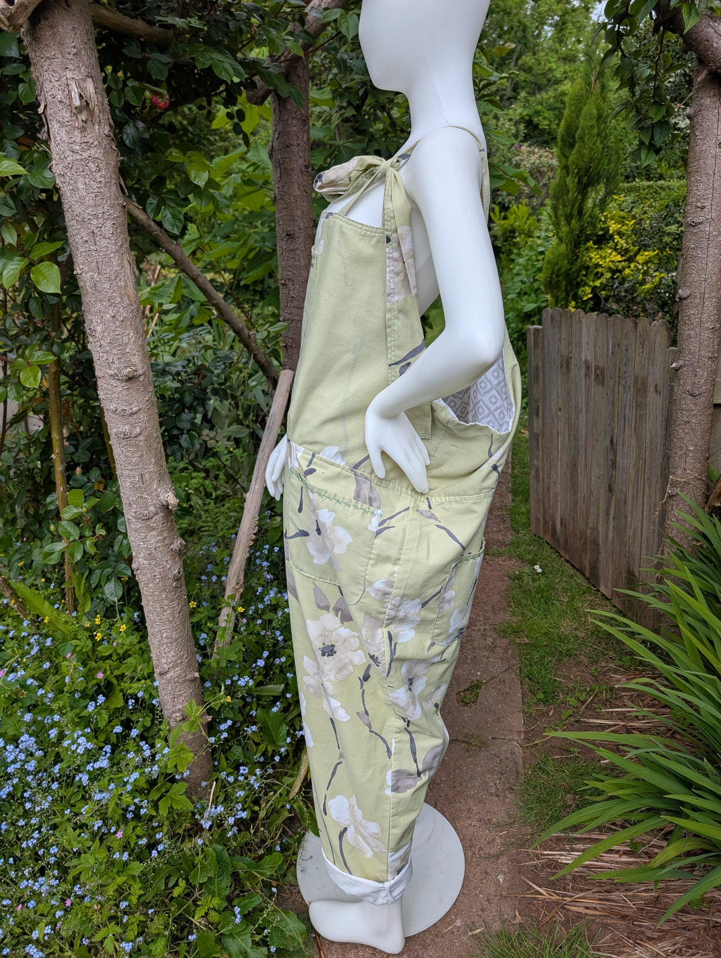 dungarees size 24, green blossom floral dungarees, plus size dungarees
