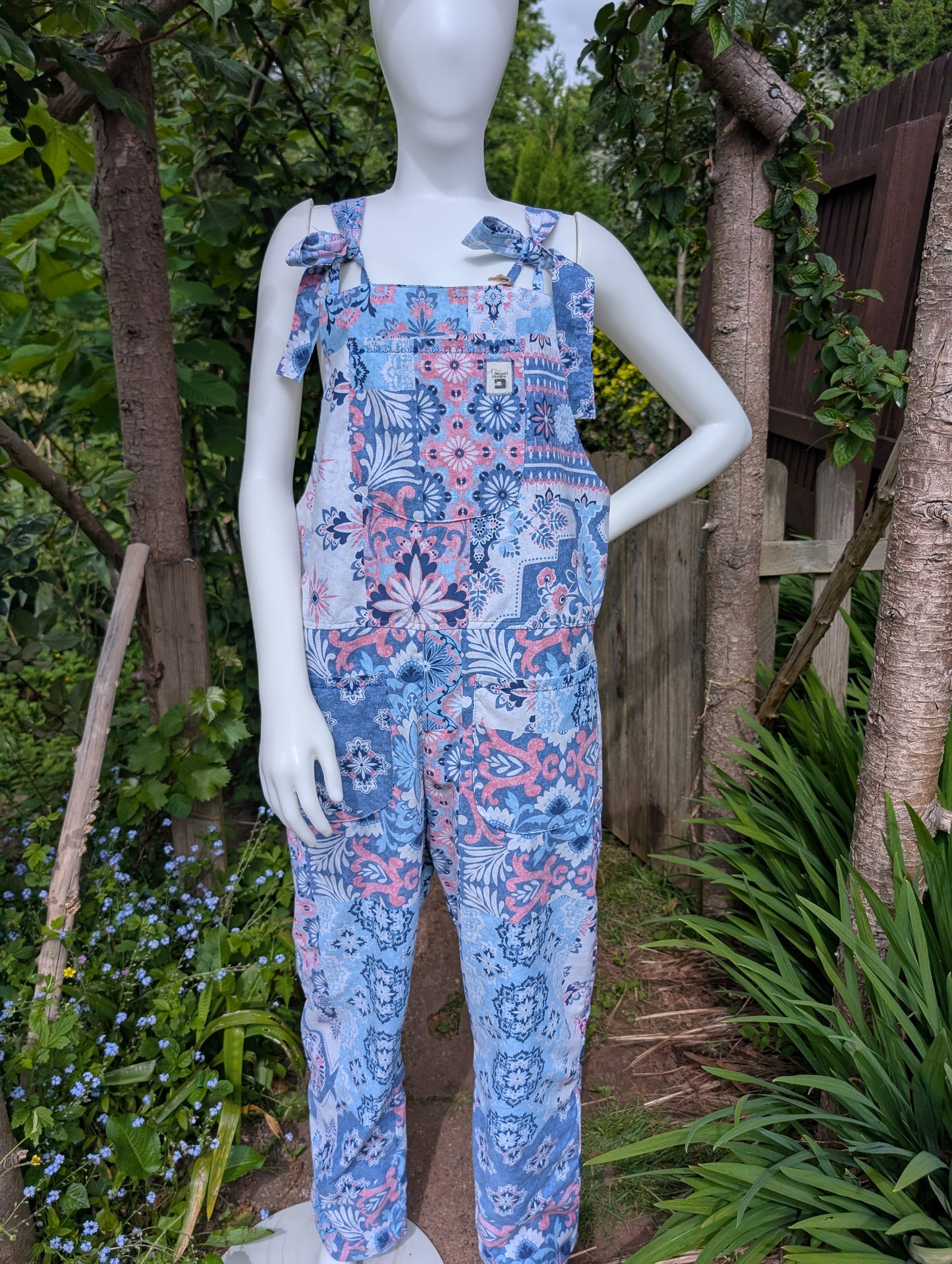 dungarees size 12-floral clothing-overalls-all in one-jumpsuit-cotton dungarees-reworked clothing