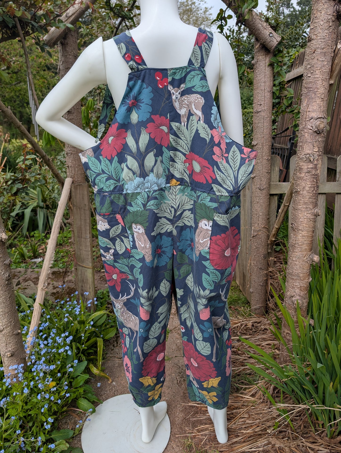 dungarees size 22-forest pattern dungarees-woodland animals-plus size dungarees-cropped leg