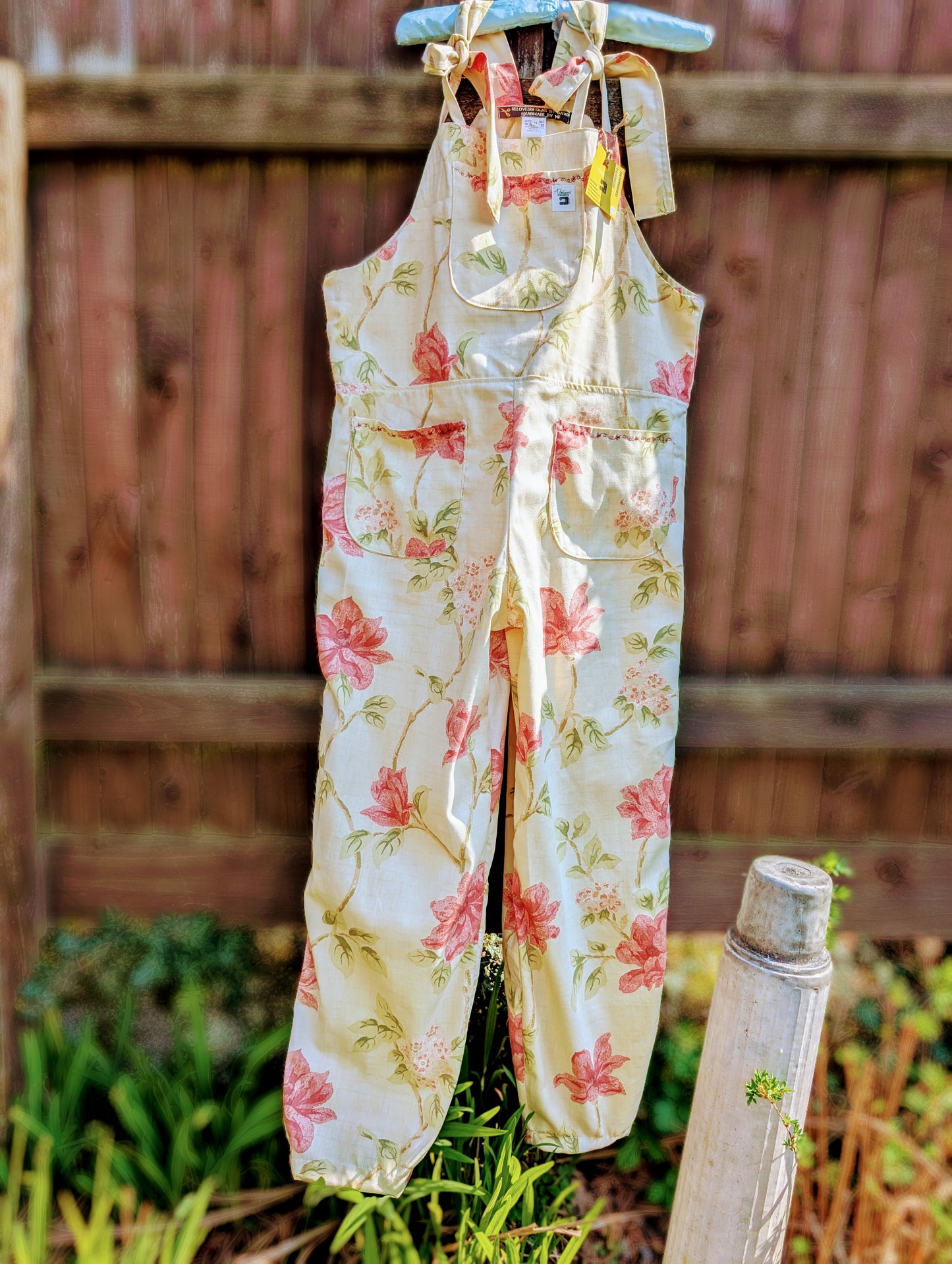 dungarees size 14 or L pink and cream floral dungarees-baggy dungarees-sustainable fashion-ballon leg-reworked clothing-