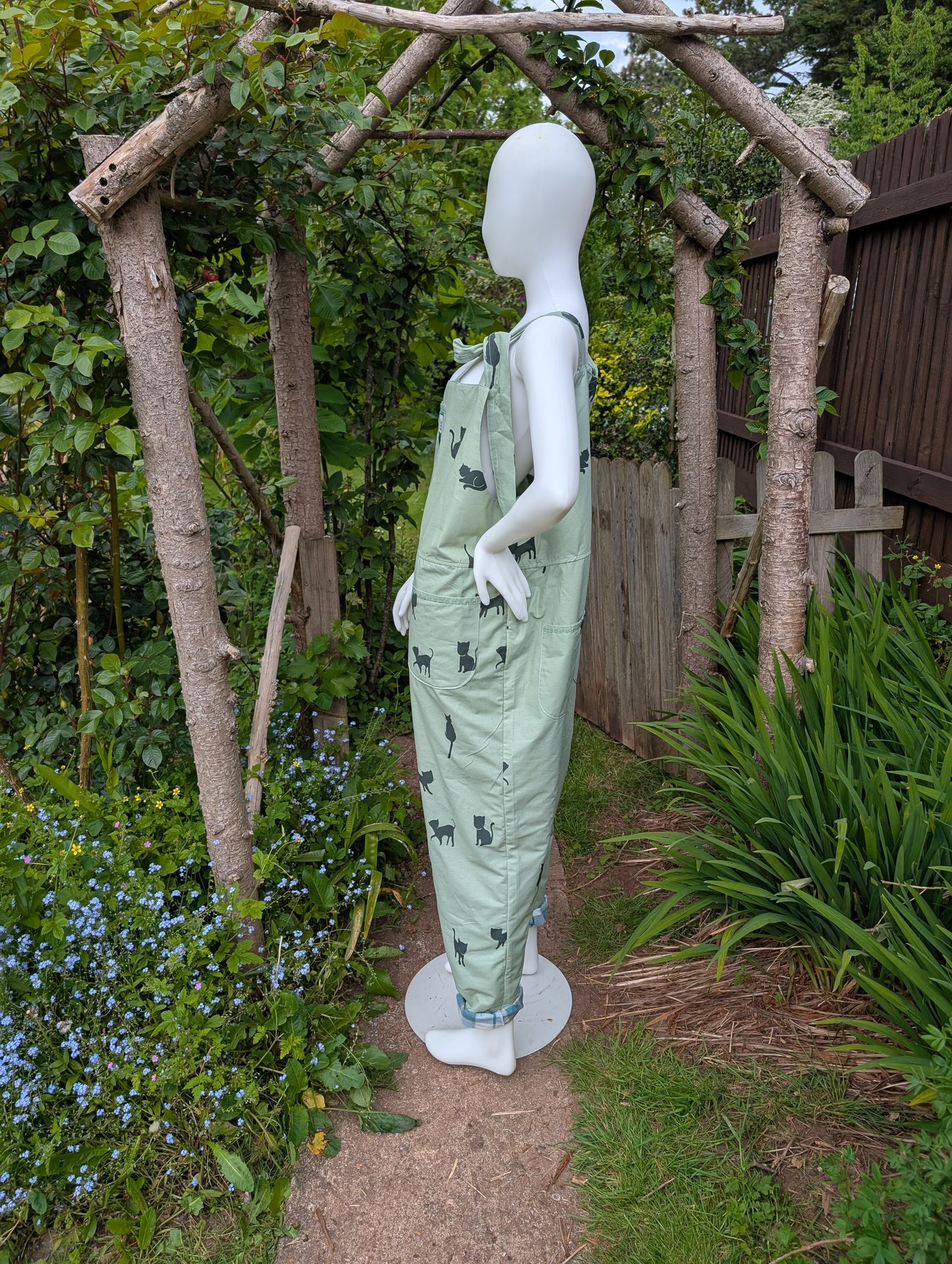 dungarees size 20-cats pattern dungarees-plus size-cats print clothing-reworked clothes-green overalls-craft outfit-gardening clothes