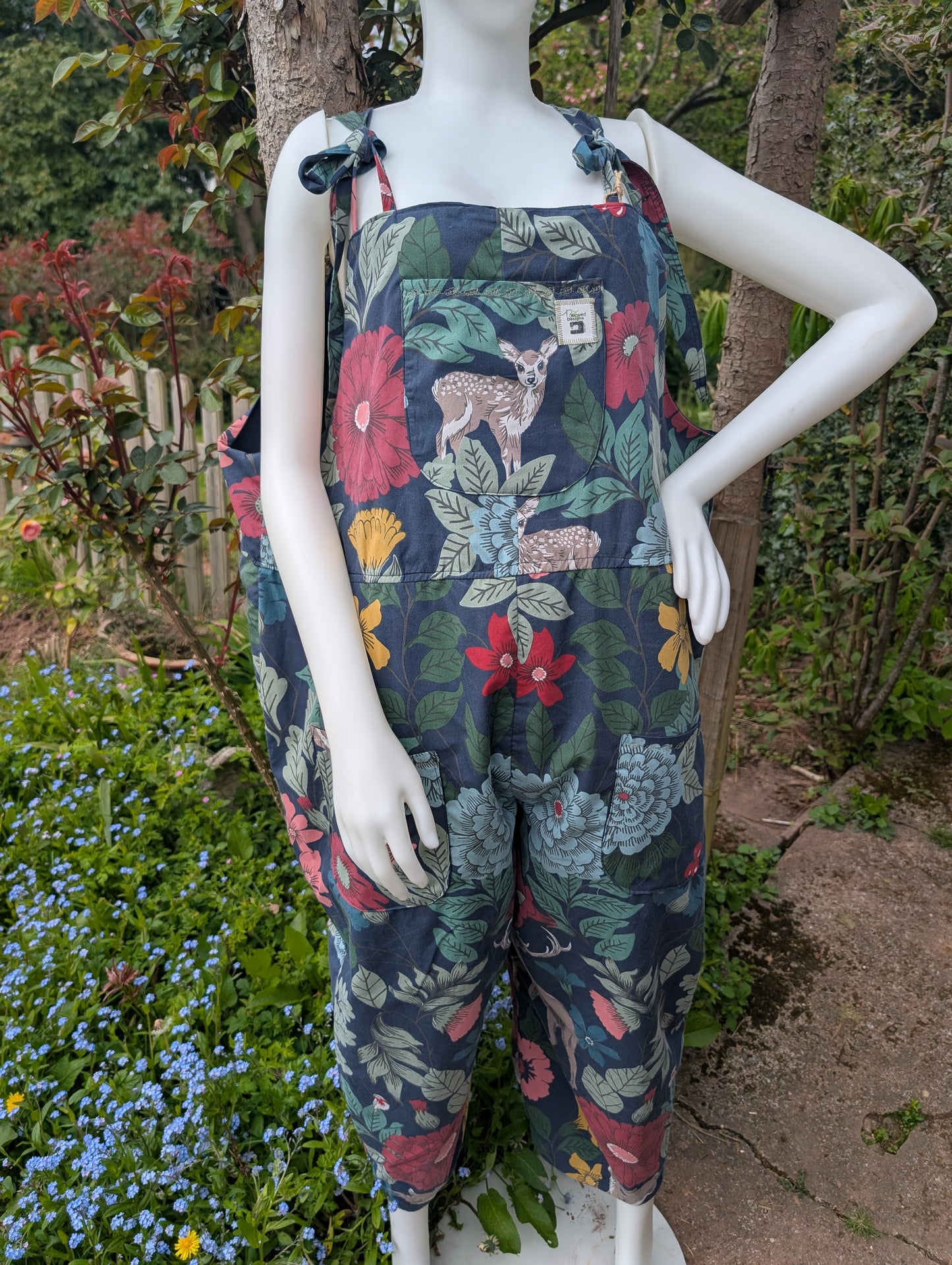 dungarees size 22-forest pattern dungarees-woodland animals-plus size dungarees-cropped leg