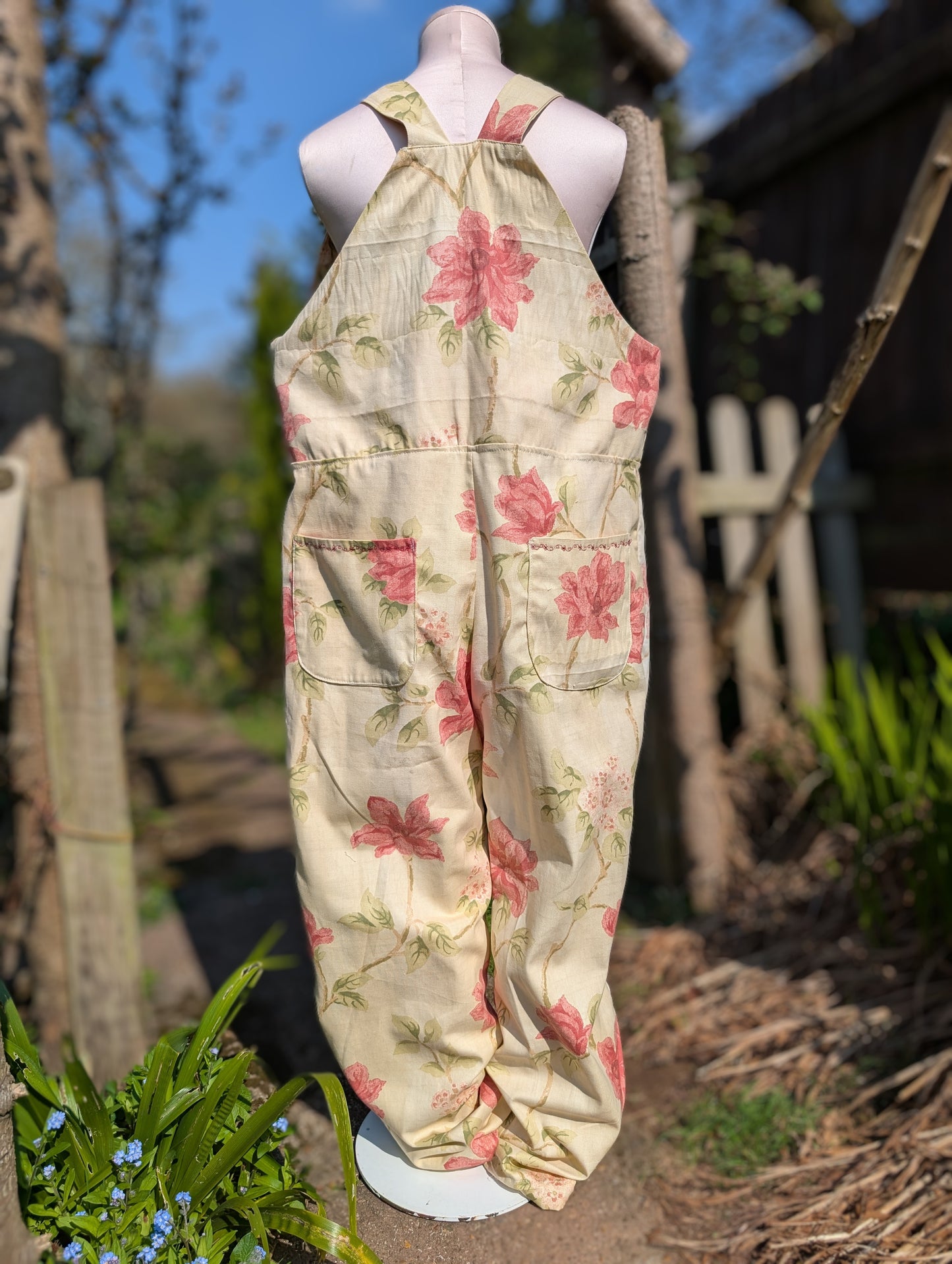 dungarees size 14 or L pink and cream floral dungarees-baggy dungarees-sustainable fashion-ballon leg-reworked clothing-
