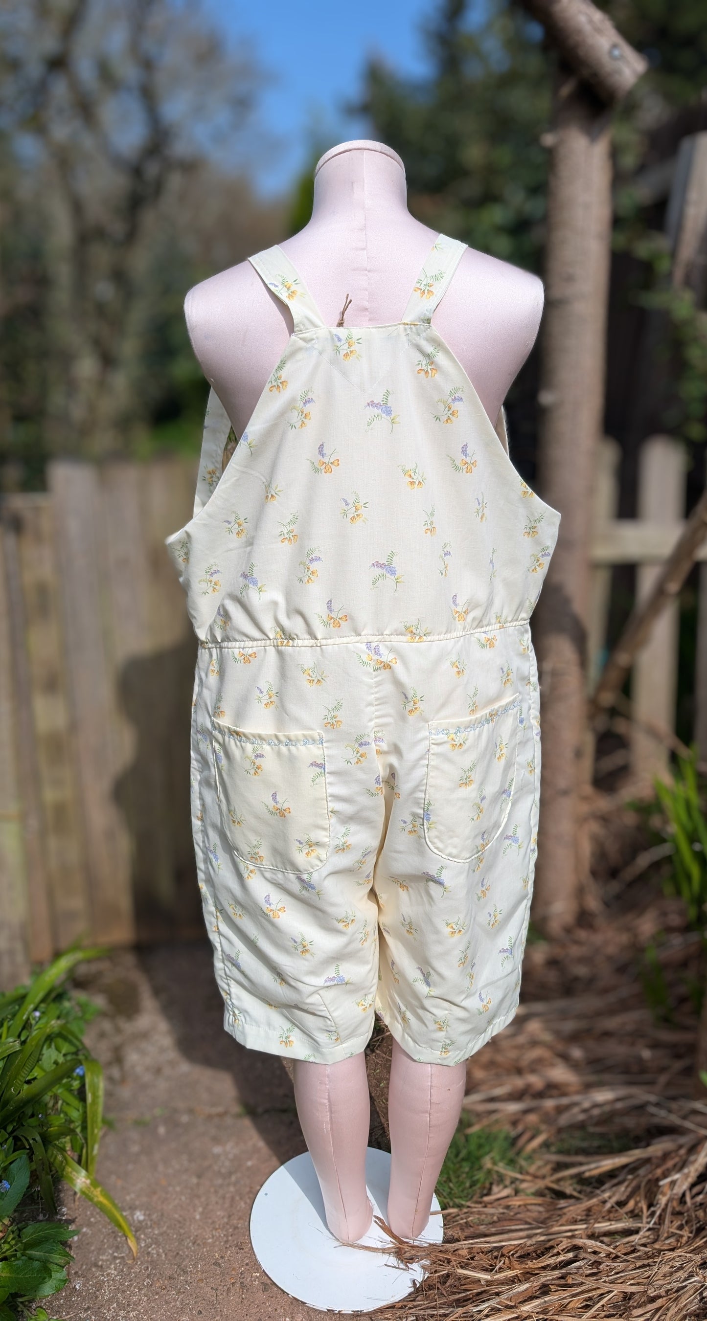 Dungarees-size 14-cottage style floral dungarees-jumpsuit-all-in-one-pantsuit-vintage floral pattern-whimsy-barn-cropped dungarees-summer