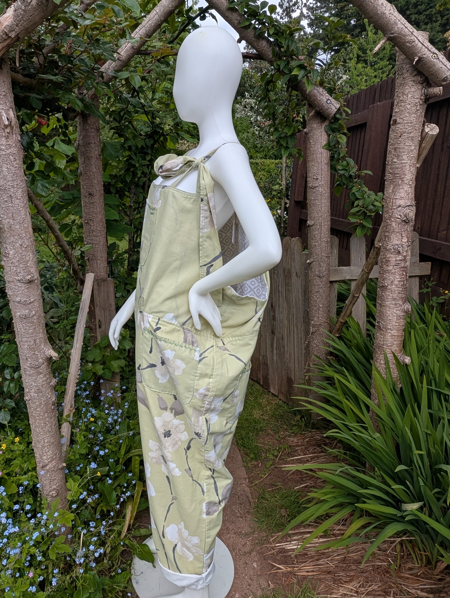dungarees size 24, green blossom floral dungarees, plus size dungarees