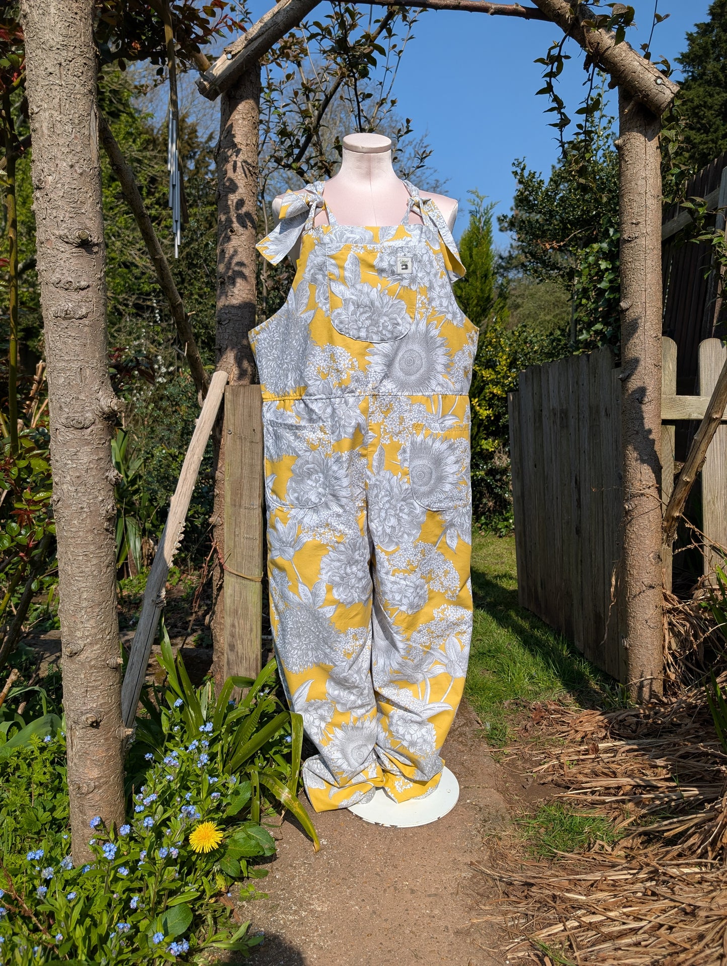 dungarees size 14 or L grey and yellow floral dungarees-baggy dungarees-sustainable fashion-ballon leg-reworked clothing-