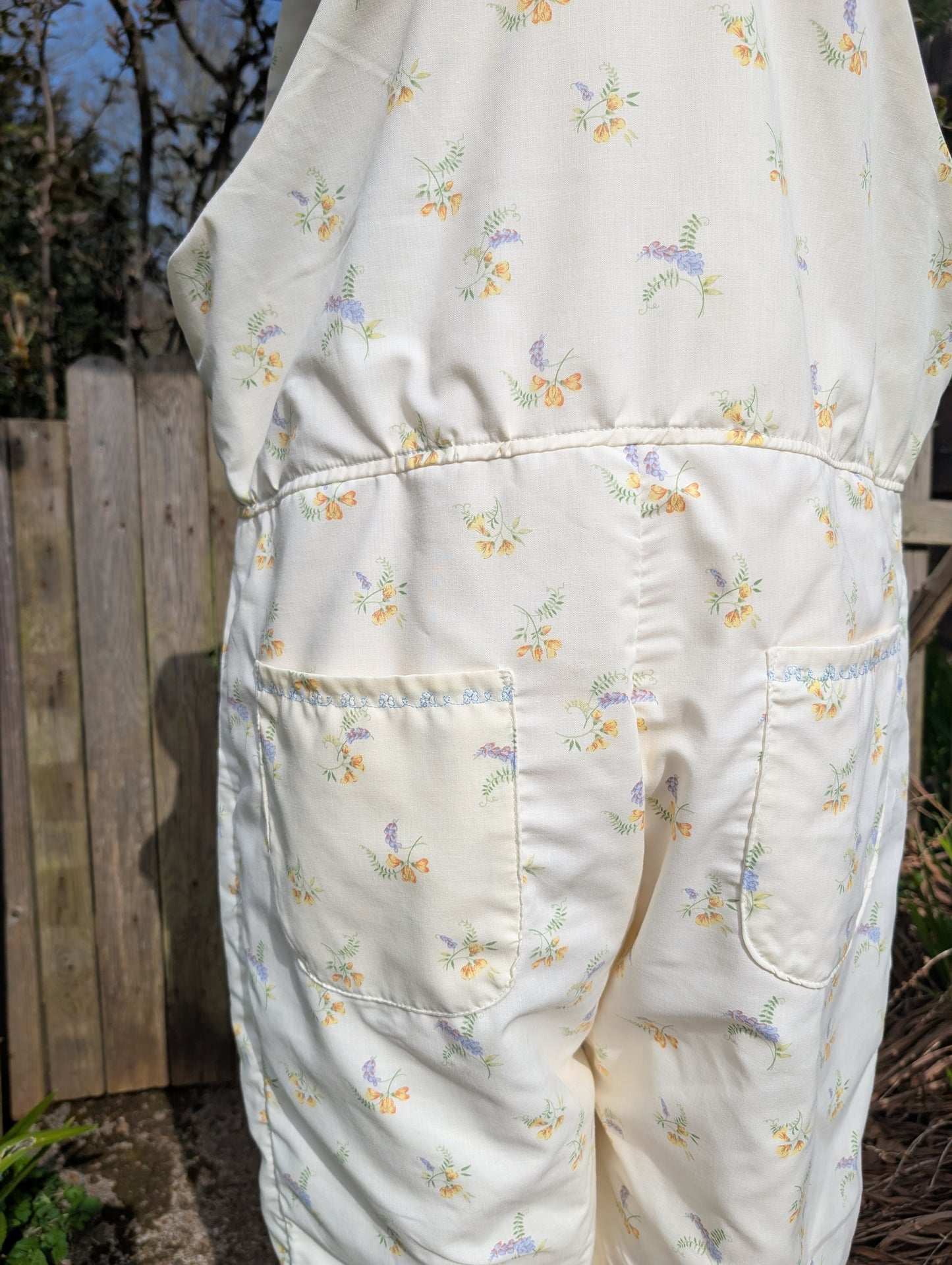 Dungarees-size 14-cottage style floral dungarees-jumpsuit-all-in-one-pantsuit-vintage floral pattern-whimsy-barn-cropped dungarees-summer