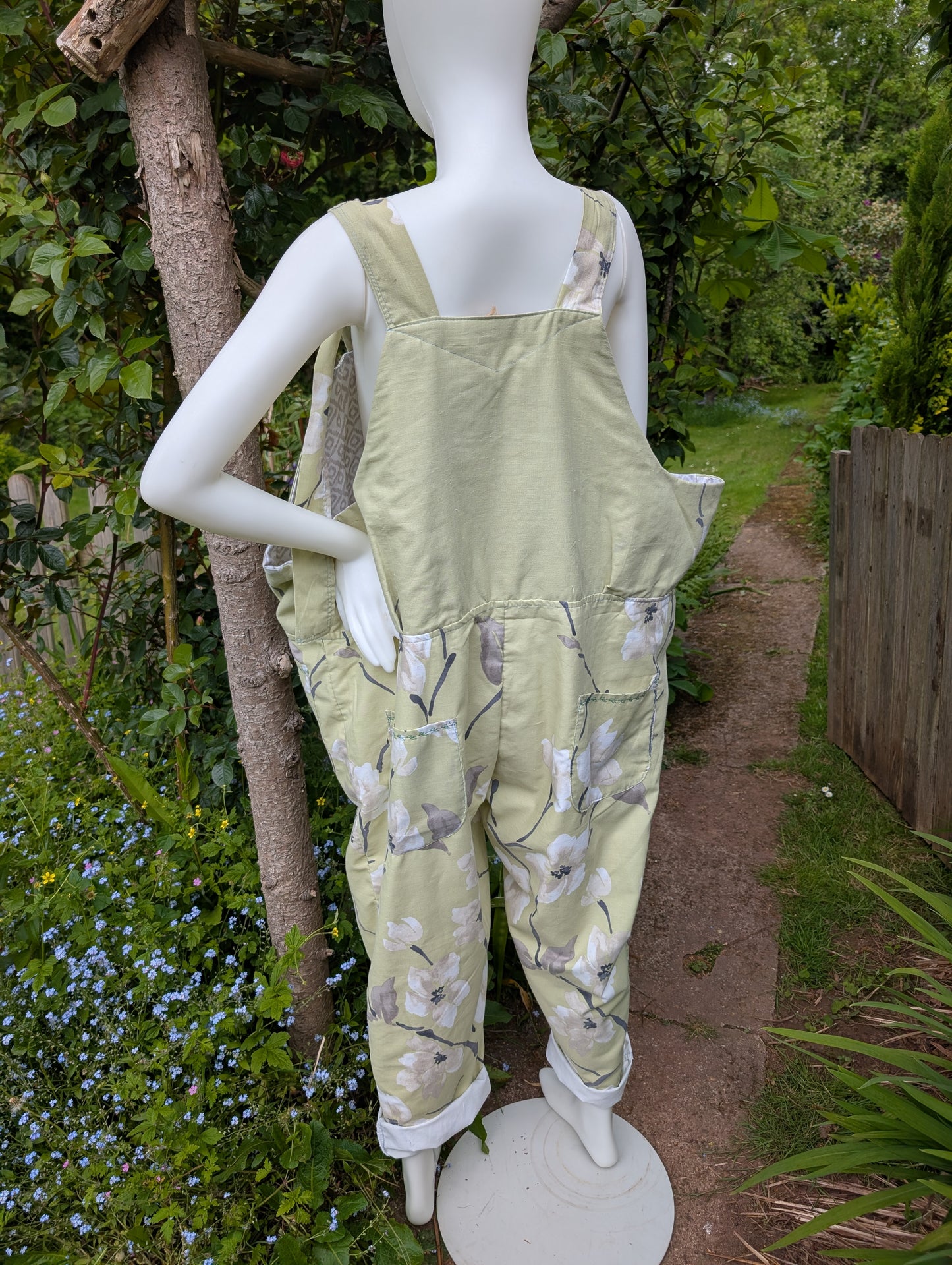 dungarees size 24, green blossom floral dungarees, plus size dungarees