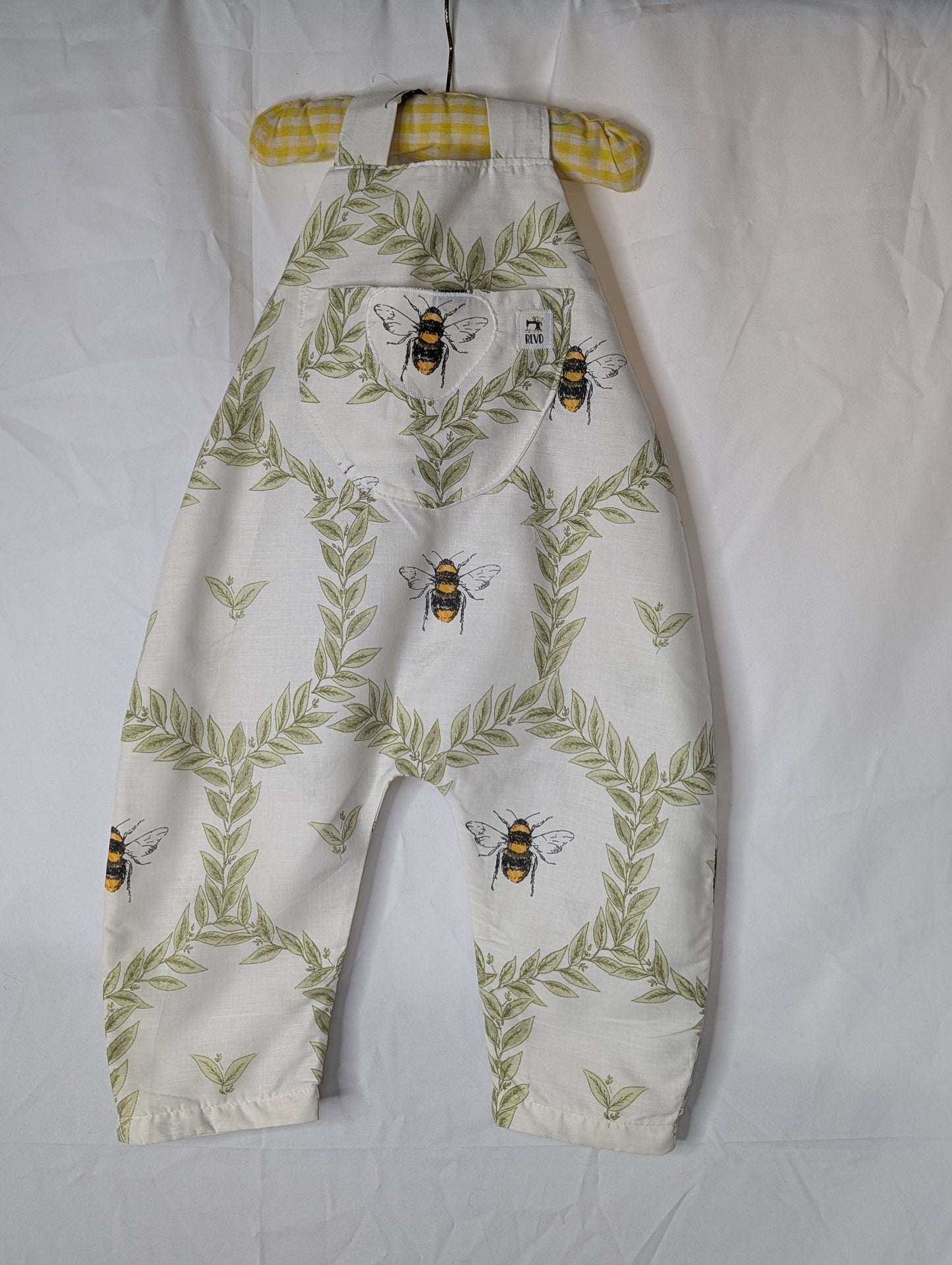 Baby-toddler dungarees-romper-12-18m clothing-child's dungarees-bees print-baby all in one-baby suit-sustainable baby gift.