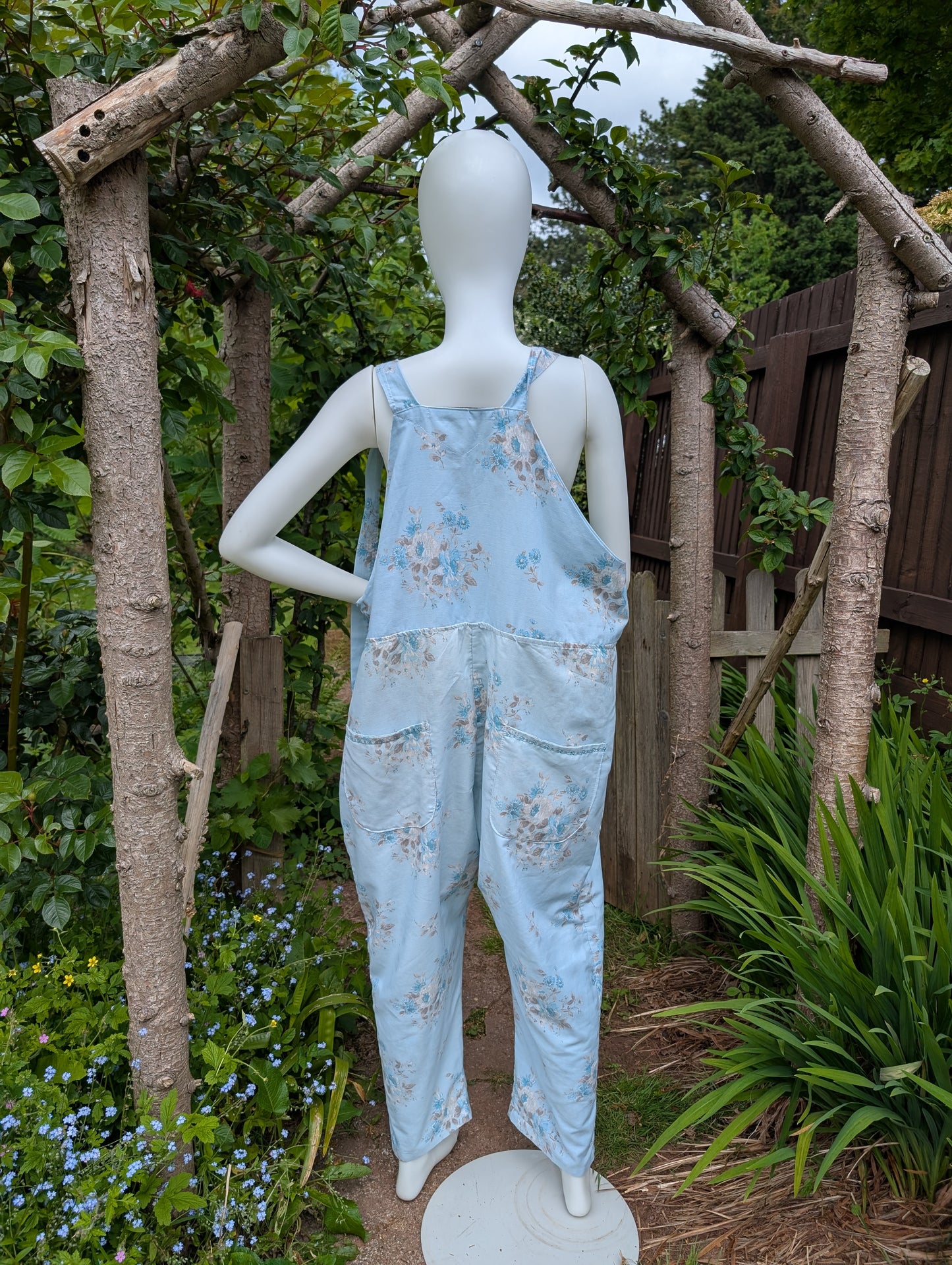 dungarees size 22, vintage blue floral vintage pattern dungarees, plus size dungarees