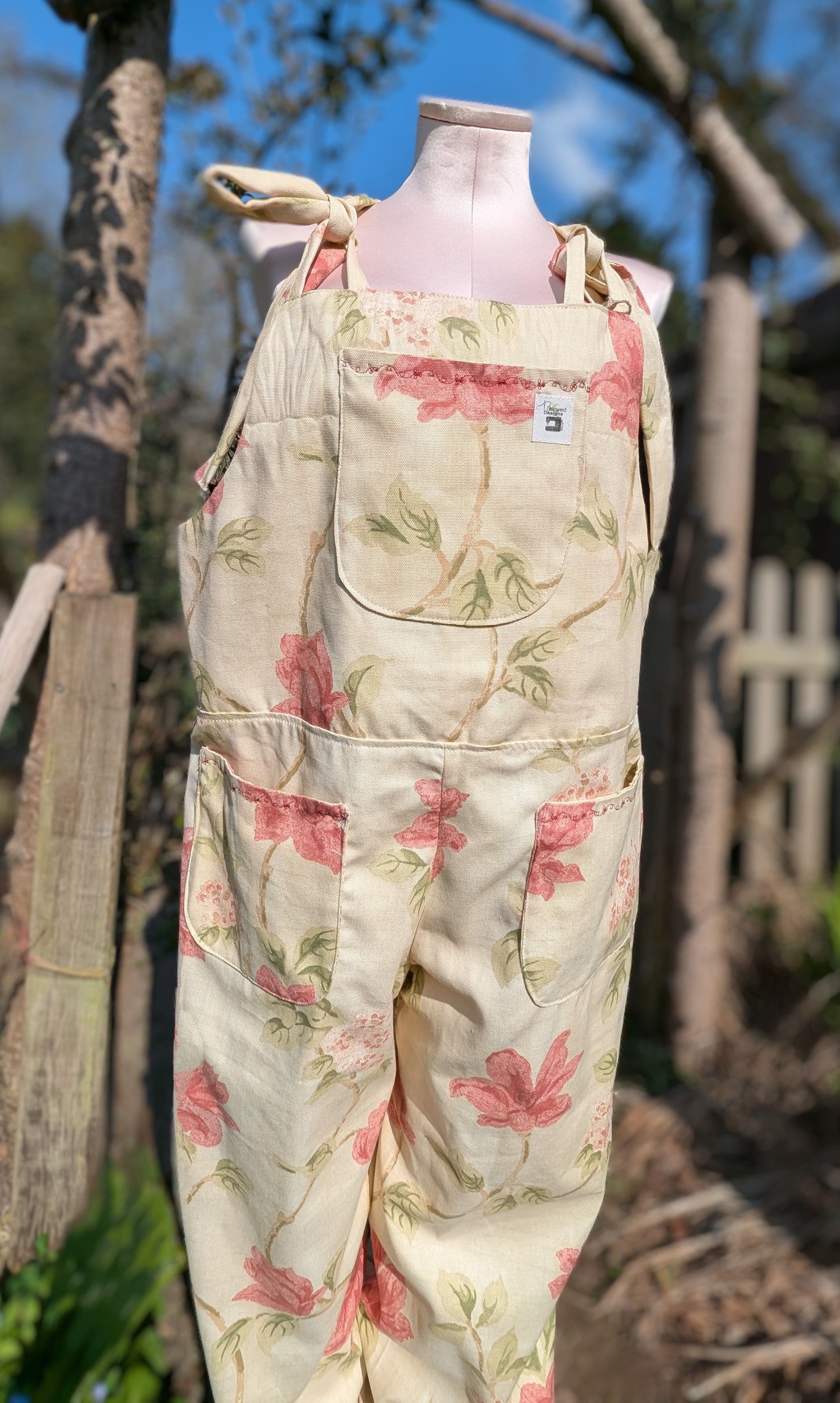 dungarees size 14 or L pink and cream floral dungarees-baggy dungarees-sustainable fashion-ballon leg-reworked clothing-