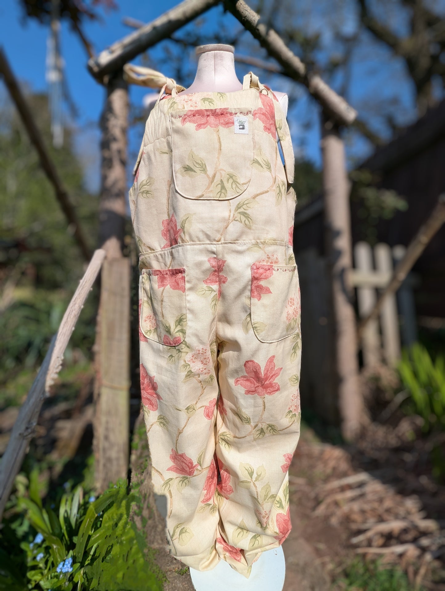 dungarees size 14 or L pink and cream floral dungarees-baggy dungarees-sustainable fashion-ballon leg-reworked clothing-