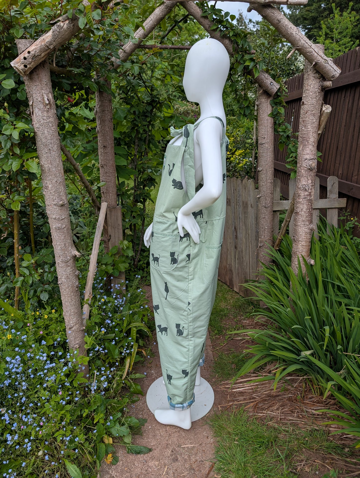dungarees size 20-cats pattern dungarees-plus size-cats print clothing-reworked clothes-green overalls-craft outfit-gardening clothes