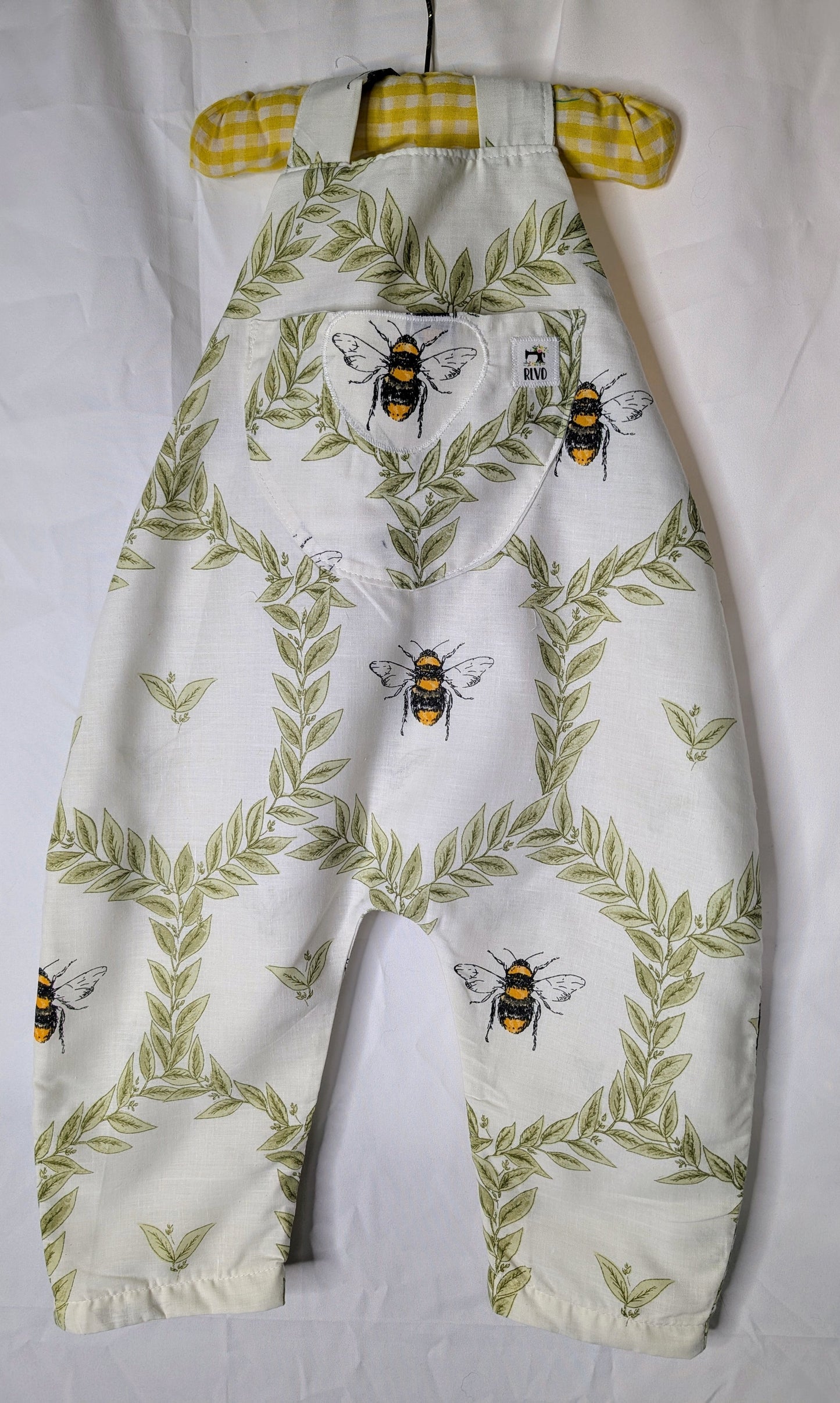 Baby-toddler dungarees-romper-12-18m clothing-child's dungarees-bees print-baby all in one-baby suit-sustainable baby gift.