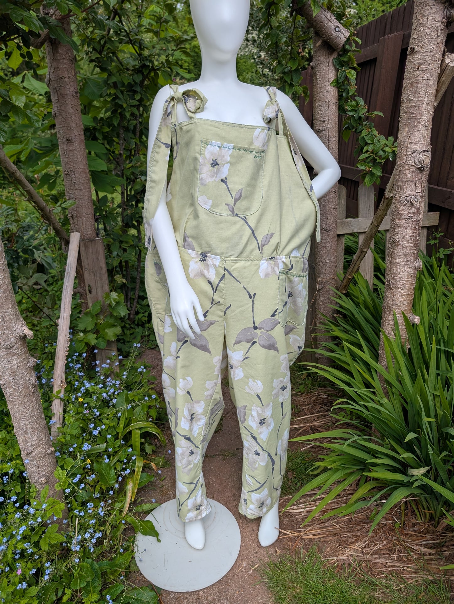 dungarees size 24, green blossom floral dungarees, plus size dungarees