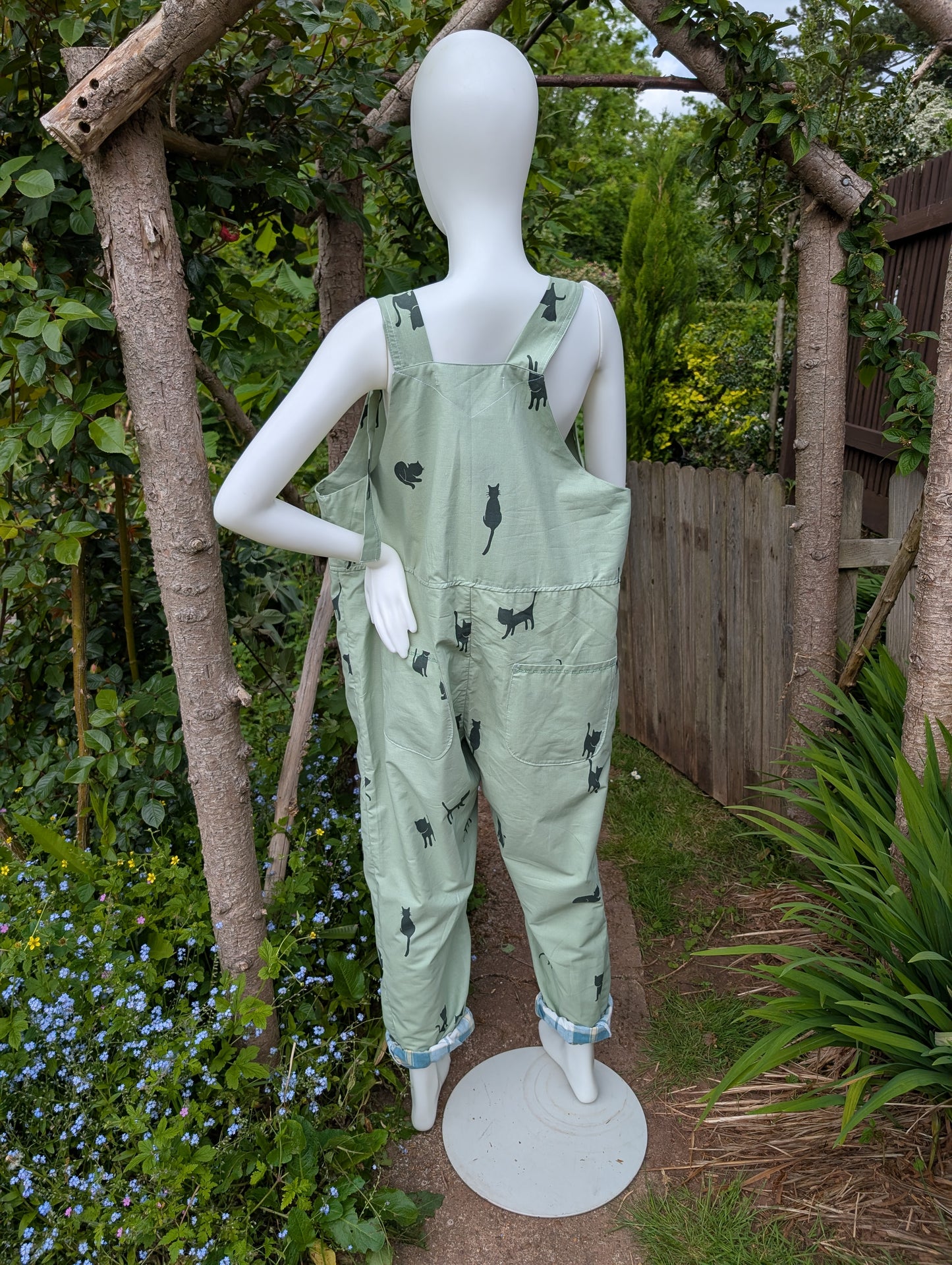 dungarees size 20-cats pattern dungarees-plus size-cats print clothing-reworked clothes-green overalls-craft outfit-gardening clothes