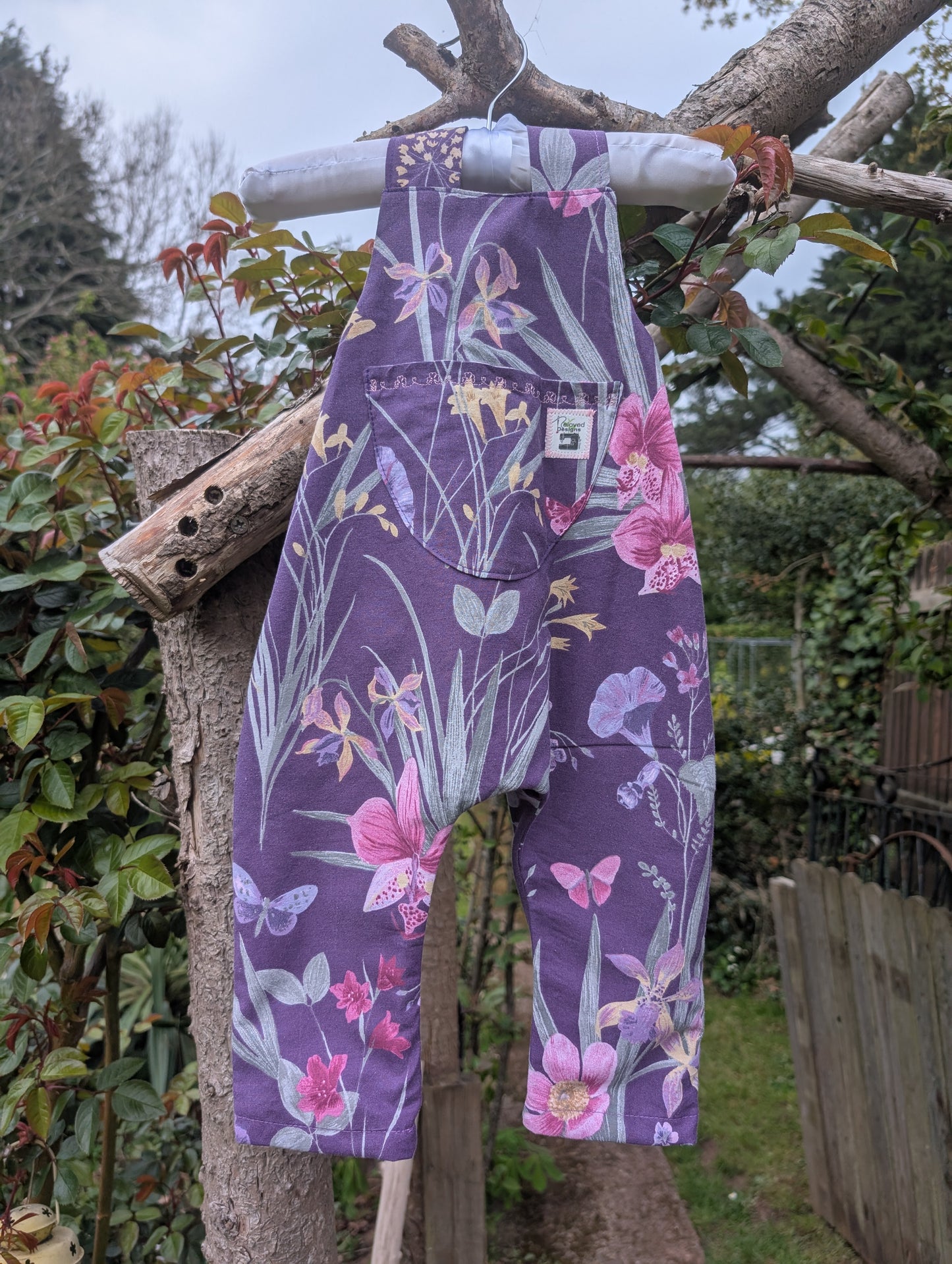Baby Dungarees 3-6 floral romper-purple baby suit-reworked kids clothes.