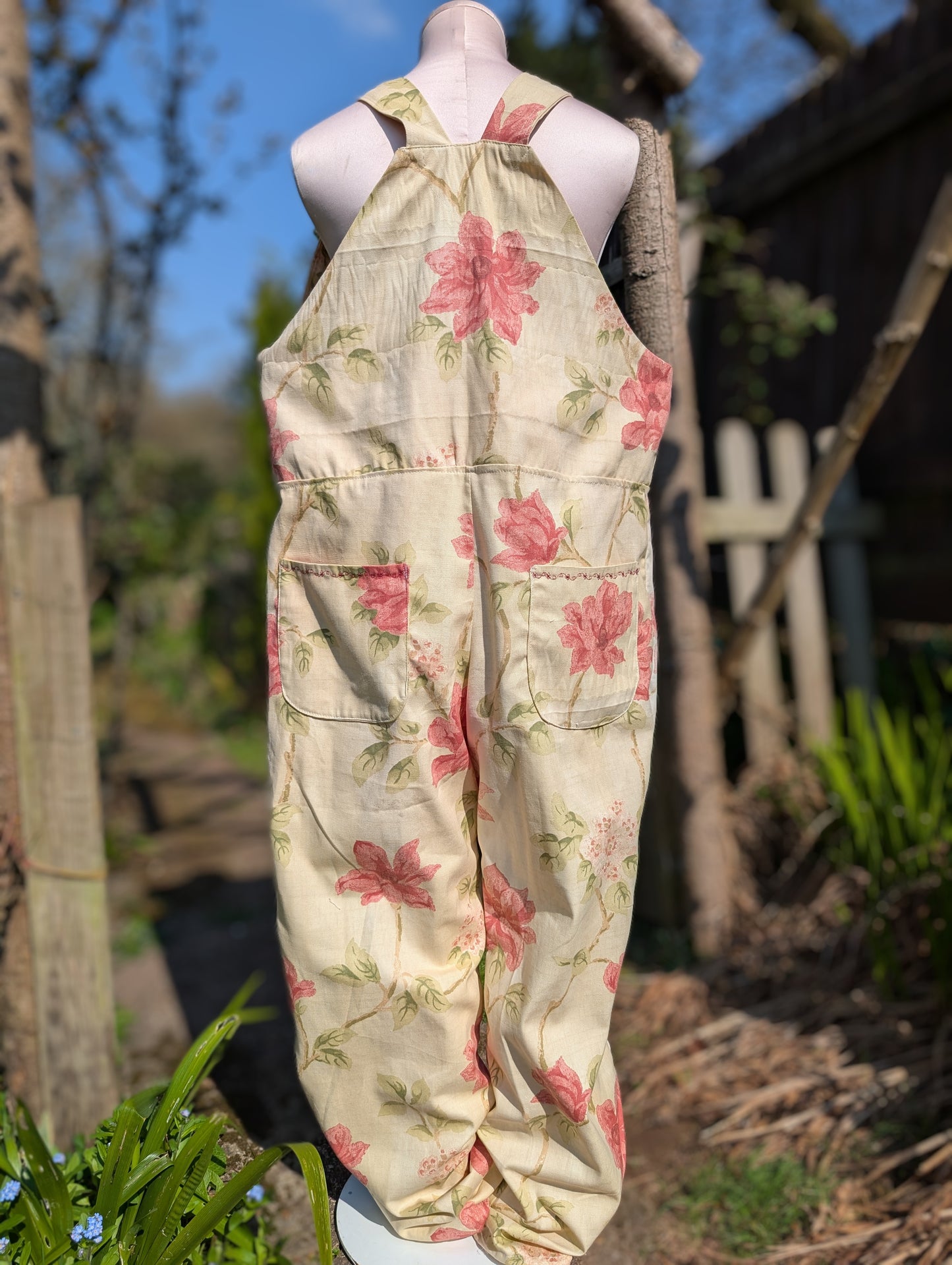 dungarees size 14 or L pink and cream floral dungarees-baggy dungarees-sustainable fashion-ballon leg-reworked clothing-