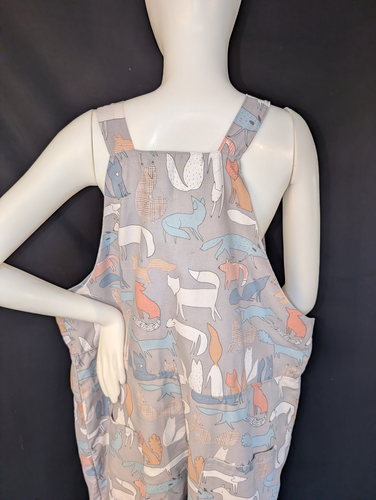 Upcycled Tie-Top Dungarees: foxes pattern, Plus Size 22