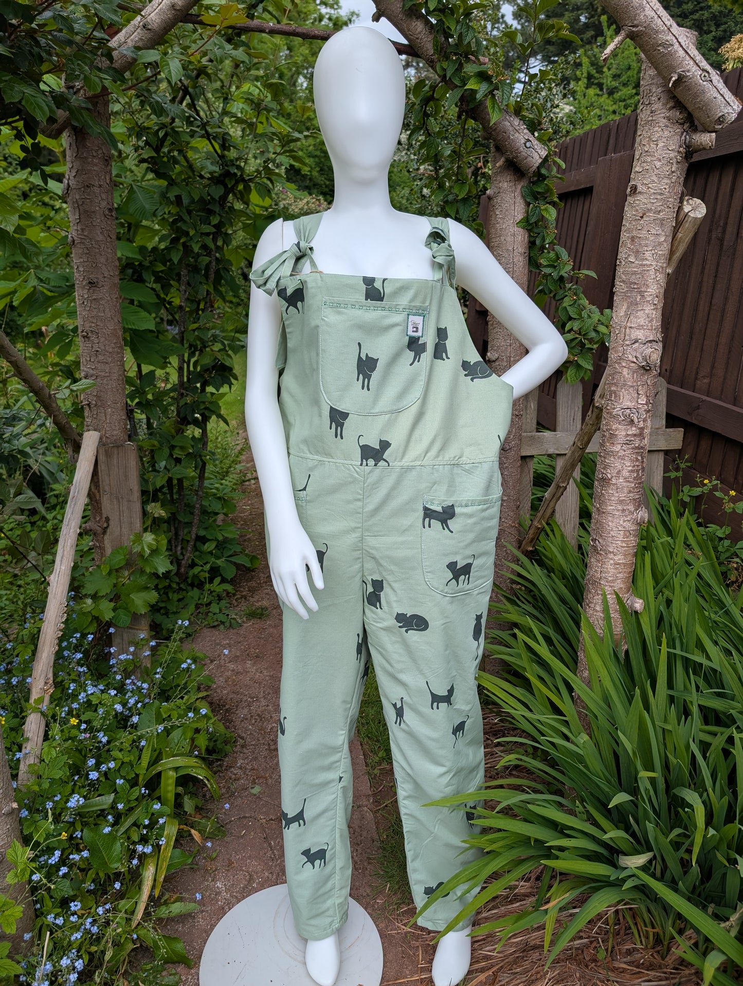 dungarees size 20-cats pattern dungarees-plus size-cats print clothing-reworked clothes-green overalls-craft outfit-gardening clothes