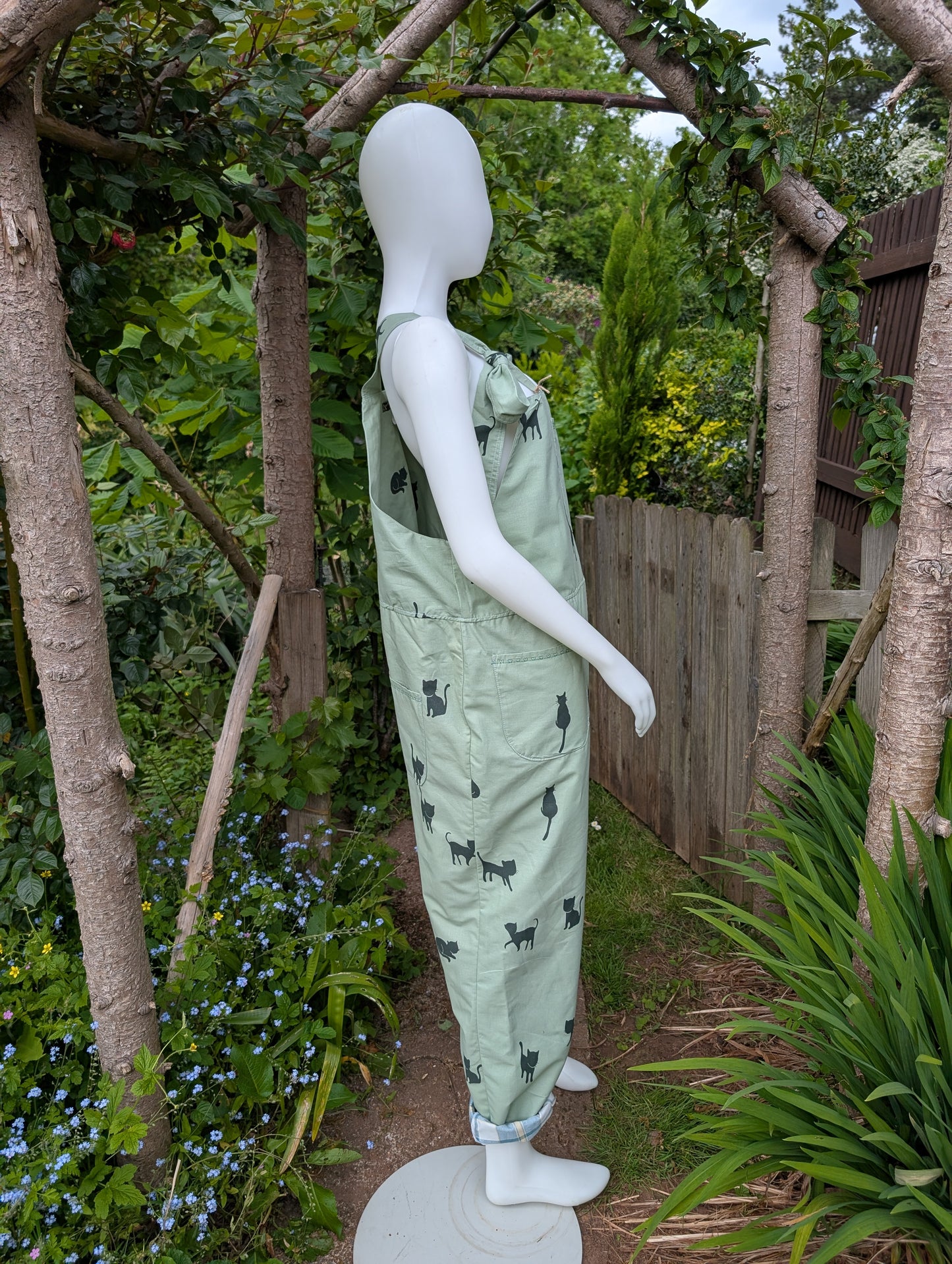 dungarees size 20-cats pattern dungarees-plus size-cats print clothing-reworked clothes-green overalls-craft outfit-gardening clothes