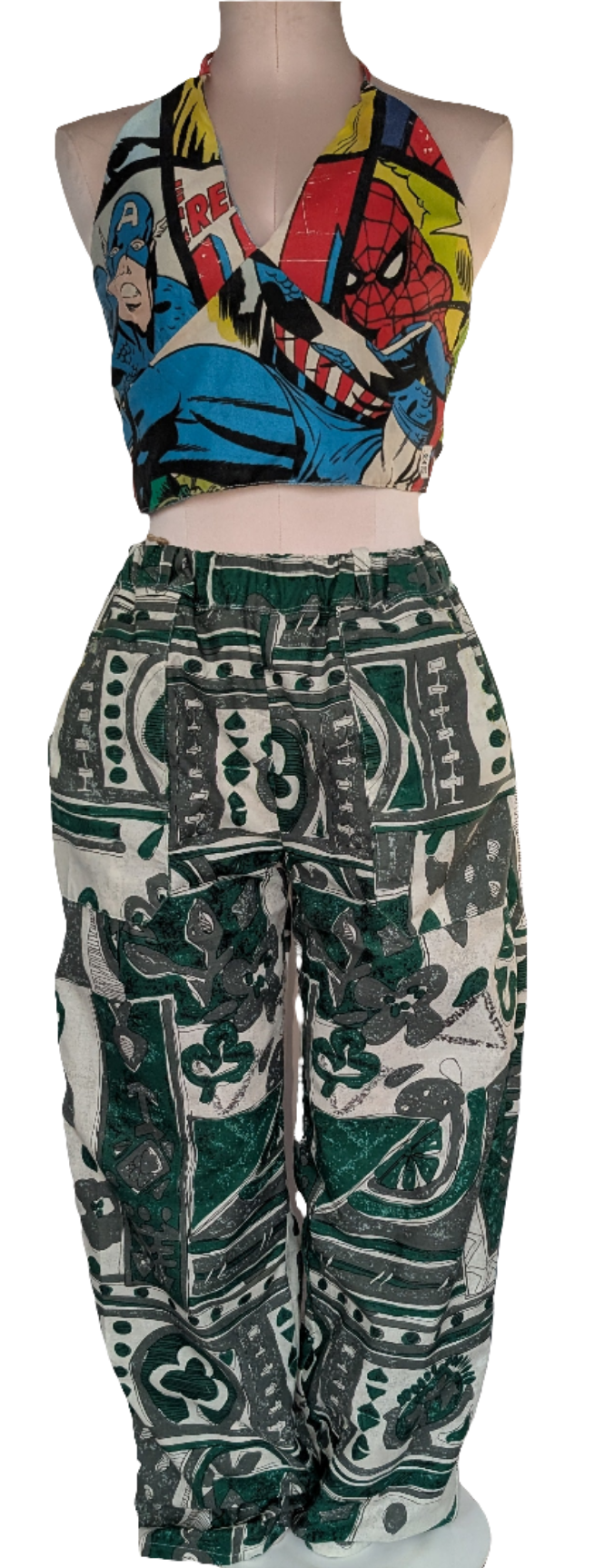 Trousers size 14, stretch waist trousers, ethnic print, African influence pattern pants, reworked bob trousers, green tribal art