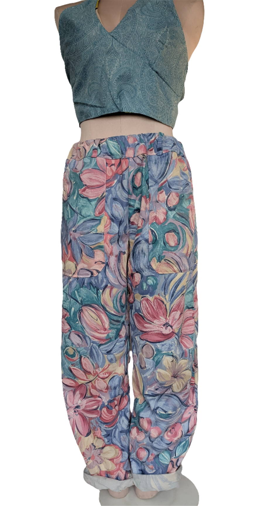 Trousers size 12, stretch waist tulips print pants, vintage, floral, straight leg, pink flowers, casual trousers, reworked textiles trousers