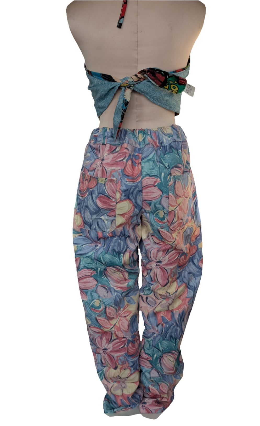 Trousers size 12, stretch waist tulips print pants, vintage, floral, straight leg, pink flowers, casual trousers, reworked textiles trousers