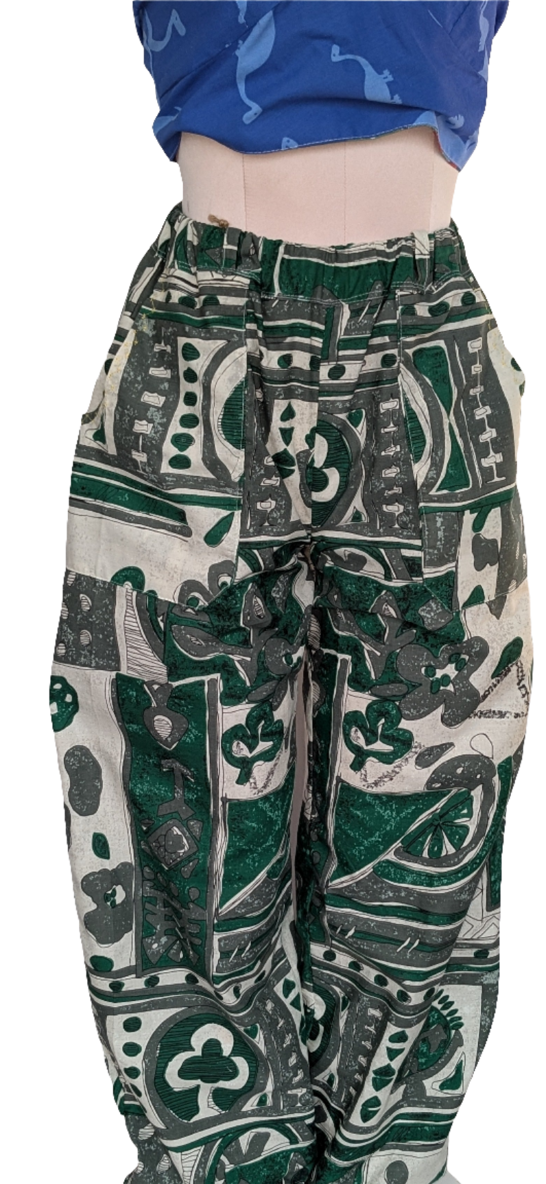 Trousers size 14, stretch waist trousers, ethnic print, African influence pattern pants, reworked bob trousers, green tribal art