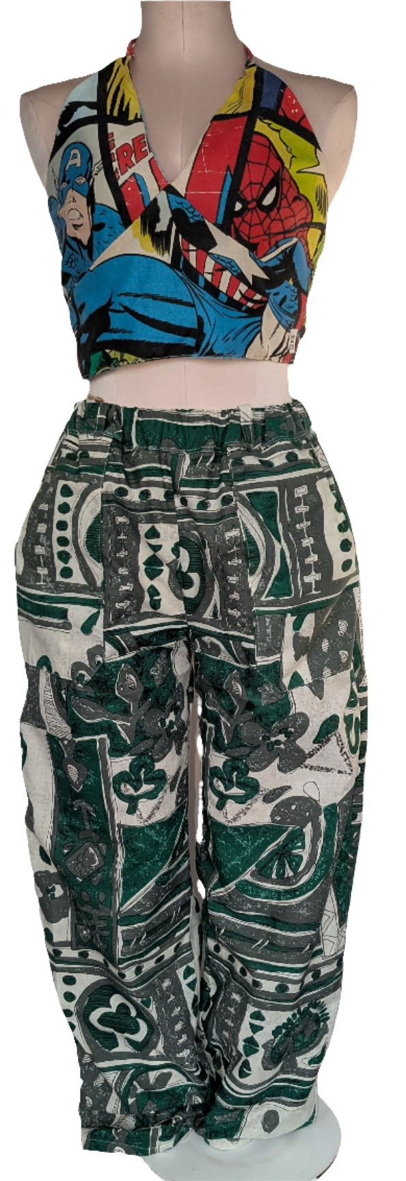 Trousers size 14, stretch waist trousers, ethnic print, African influence pattern pants, reworked bob trousers, green tribal art