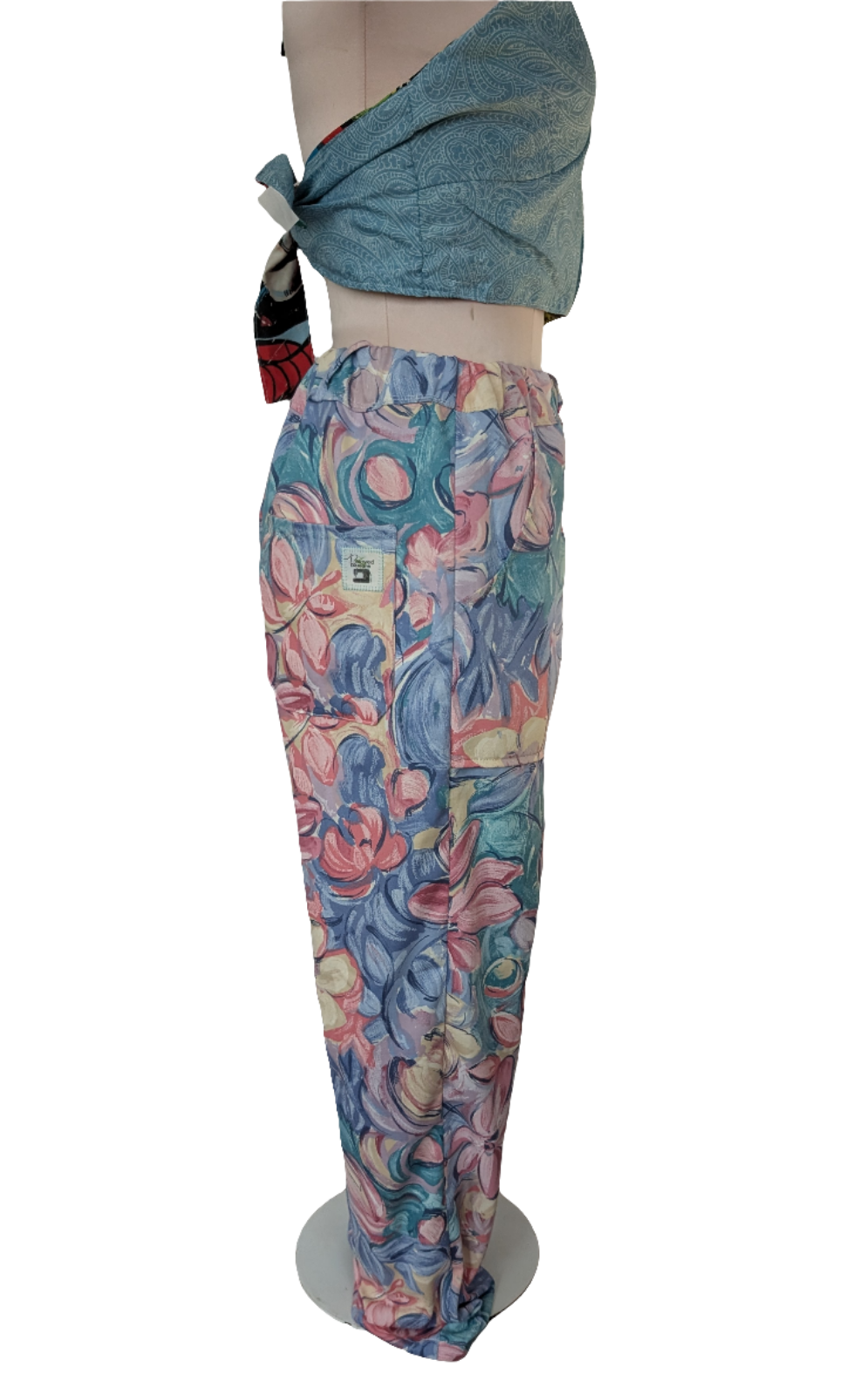 Trousers size 12, stretch waist tulips print pants, vintage, floral, straight leg, pink flowers, casual trousers, reworked textiles trousers