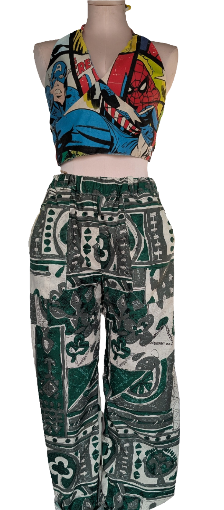 Trousers size 14, stretch waist trousers, ethnic print, African influence pattern pants, reworked bob trousers, green tribal art