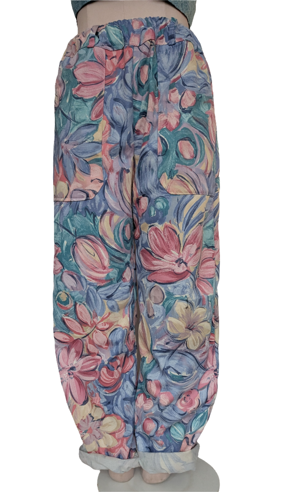 Trousers size 12, stretch waist tulips print pants, vintage, floral, straight leg, pink flowers, casual trousers, reworked textiles trousers