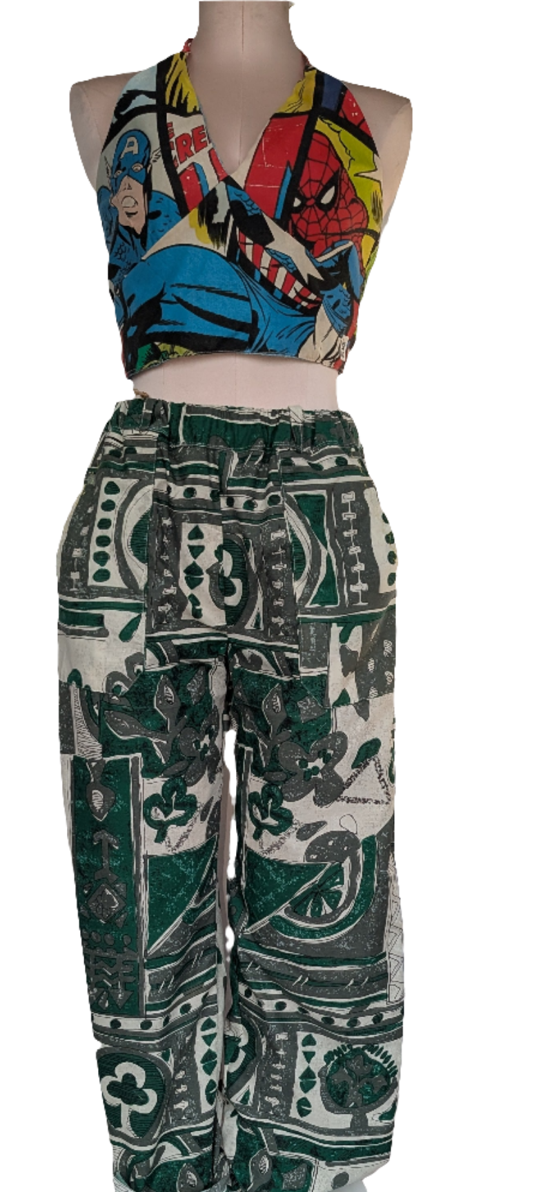 Trousers size 14, stretch waist trousers, ethnic print, African influence pattern pants, reworked bob trousers, green tribal art