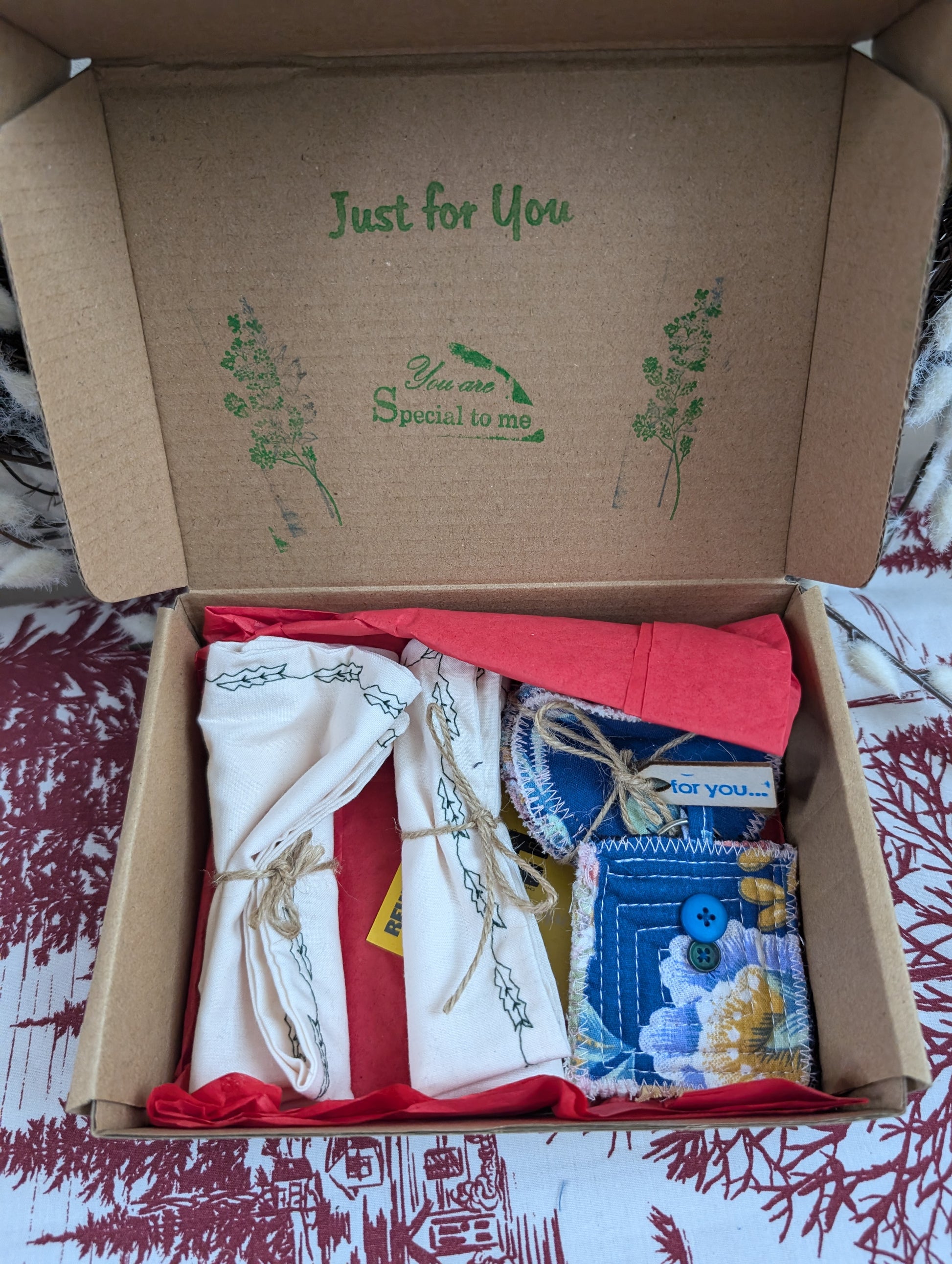 Christmas gift box, handkerchief, napkin gift box, sustainable Christmas gifts, face wipes gift, ethical gifts box, eco small gift. RelovedDesignsbyDawn