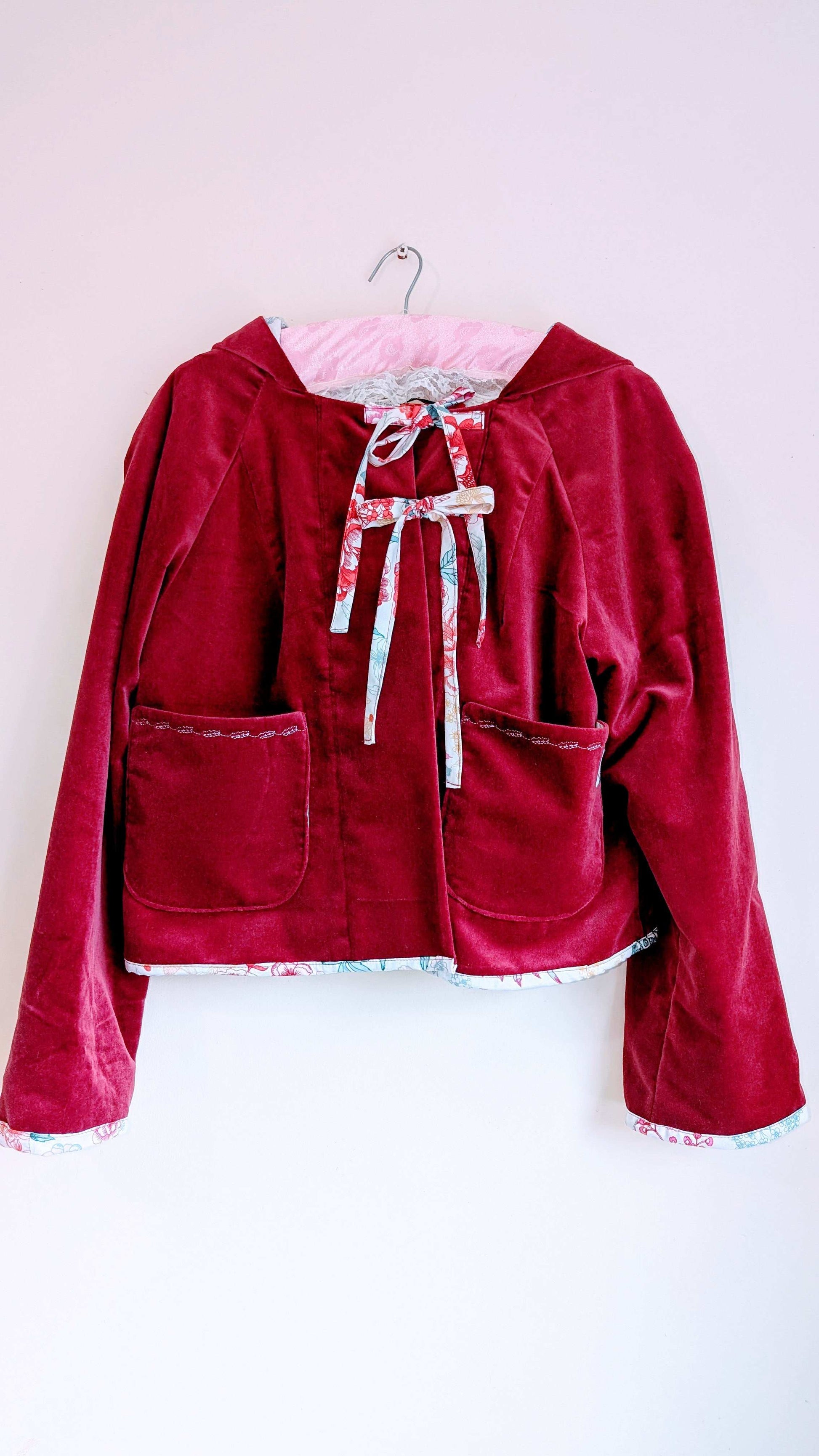 Jacket hooded , cropped jacket size 16/18/XL, hooded red coat, fairy style jacket, velvety jacket, red riding hood jacket, pretty red coat - RelovedDesignsbyDawn