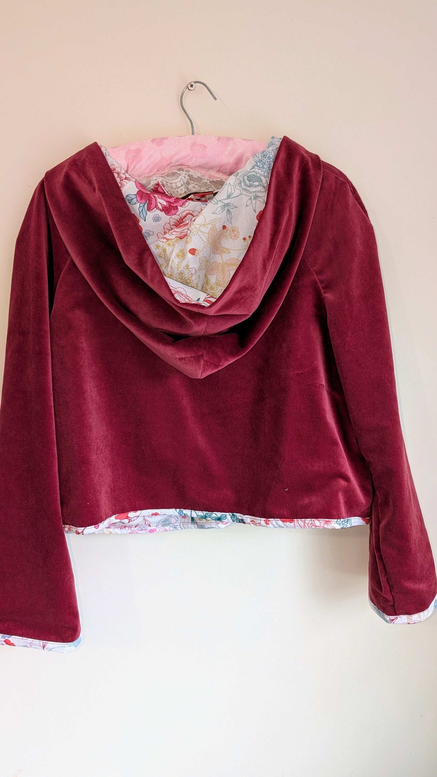 Jacket hooded , cropped jacket size 16/18/XL, hooded red coat, fairy style jacket, velvety jacket, red riding hood jacket, pretty red coat - RelovedDesignsbyDawn