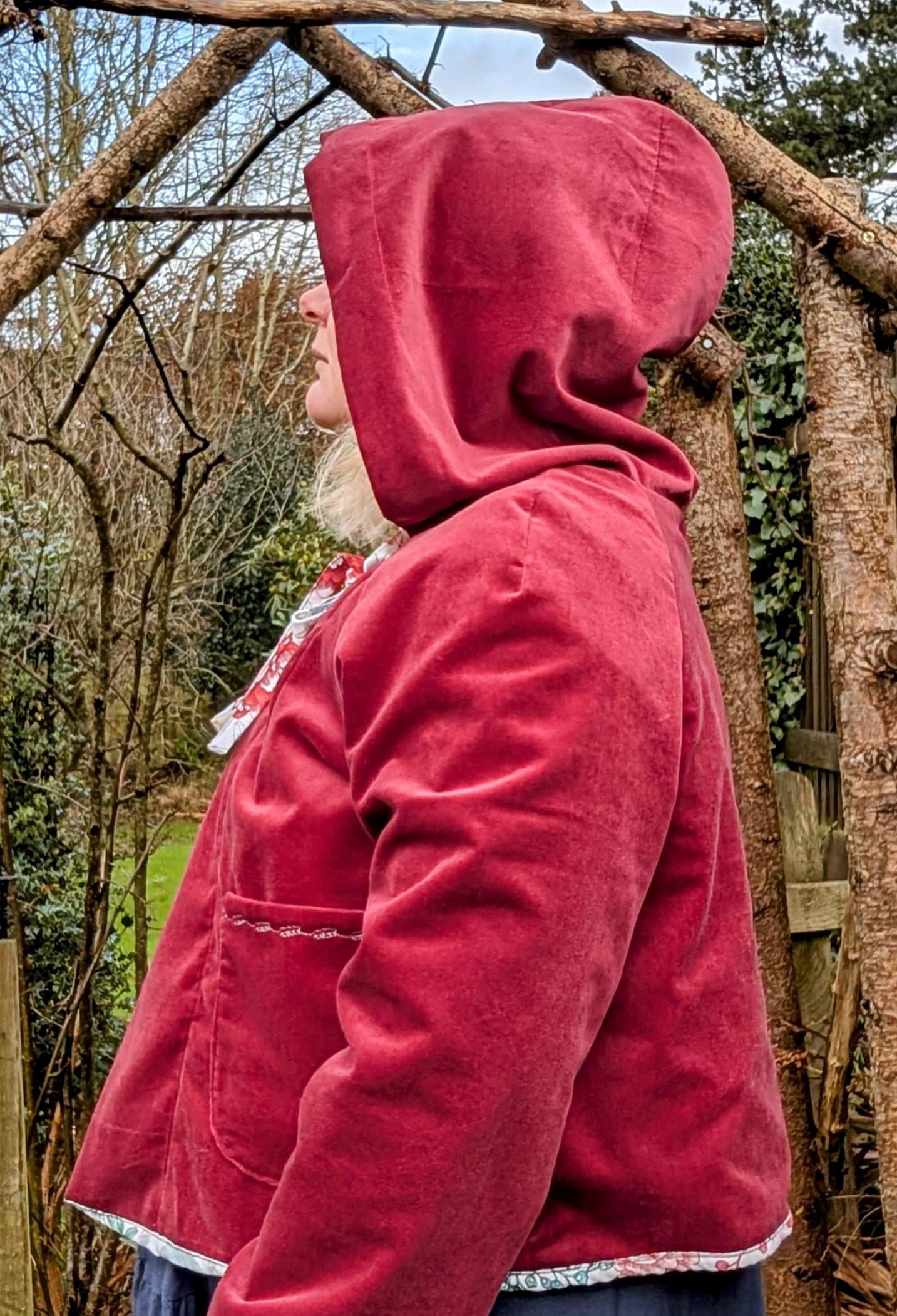 Jacket hooded , cropped jacket size 16/18/XL, hooded red coat, fairy style jacket, velvety jacket, red riding hood jacket, pretty red coat - RelovedDesignsbyDawn