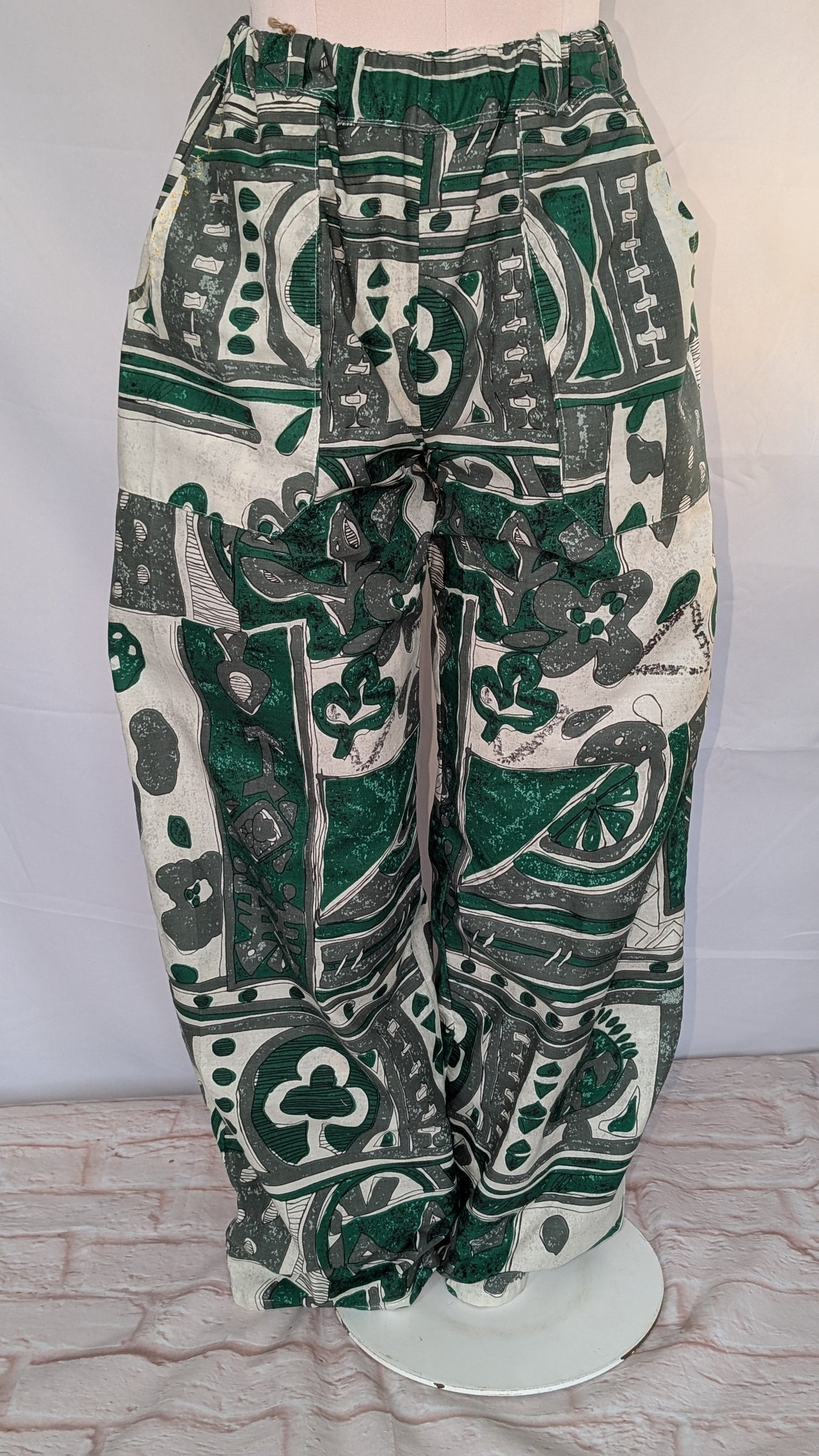 Trousers size 14, stretch waist trousers, ethnic print, African influence pattern pants, reworked bob trousers, green tribal art